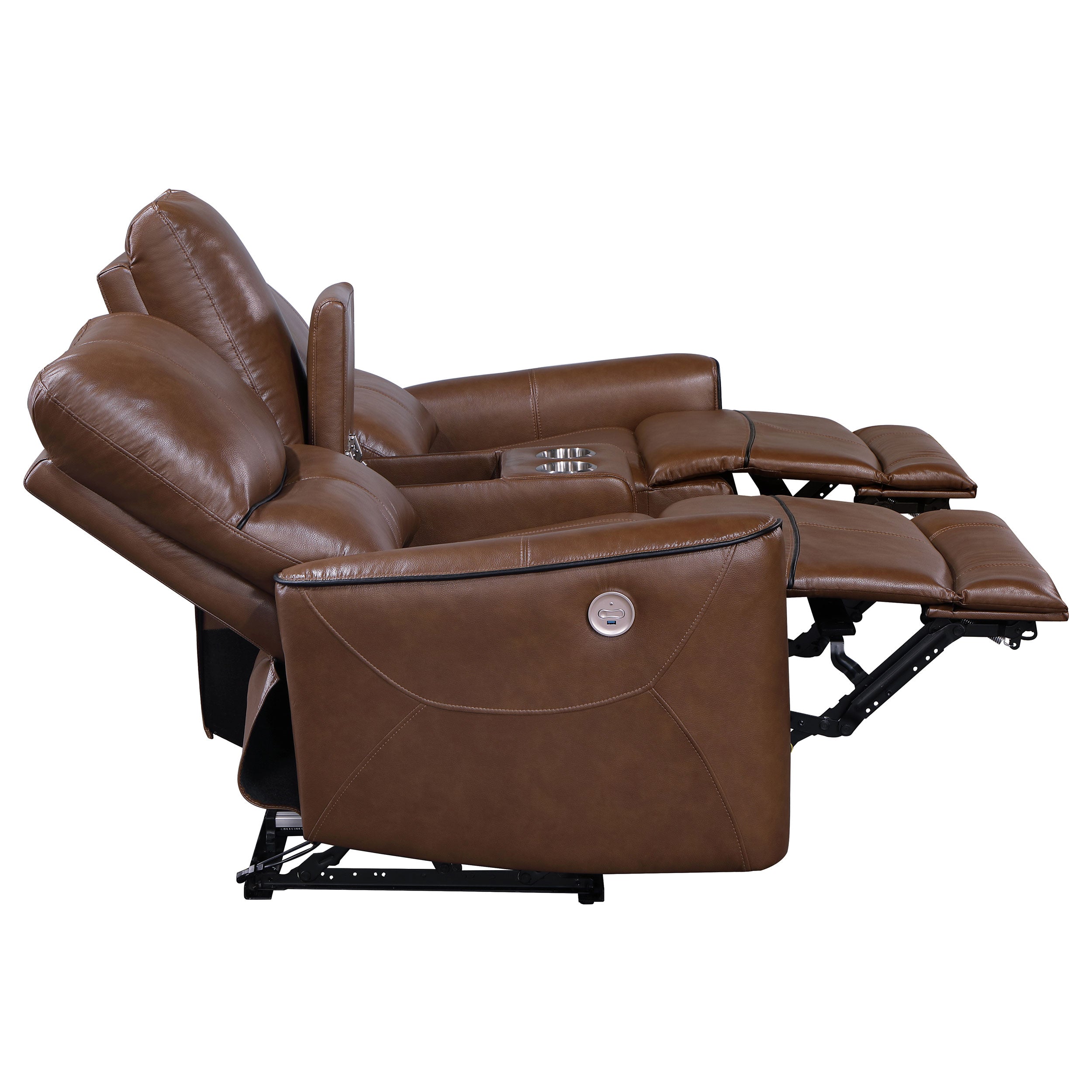 Coaster Greenfield Upholstered Power Reclining Loveseat with Console Saddle Brown Default Title