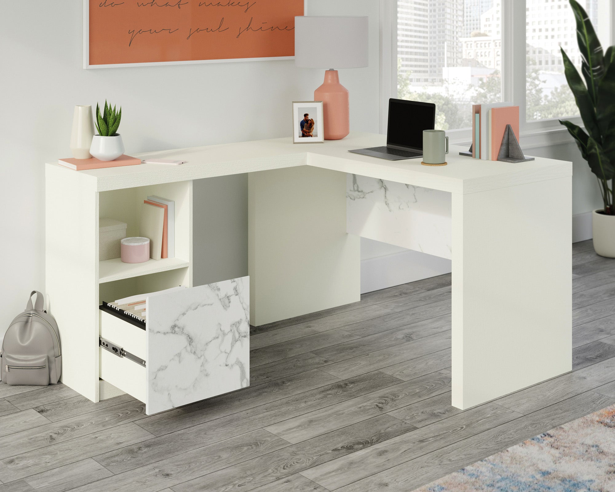 Hudson Court  Contemporary L-Shaped Desk in Pearl Oak