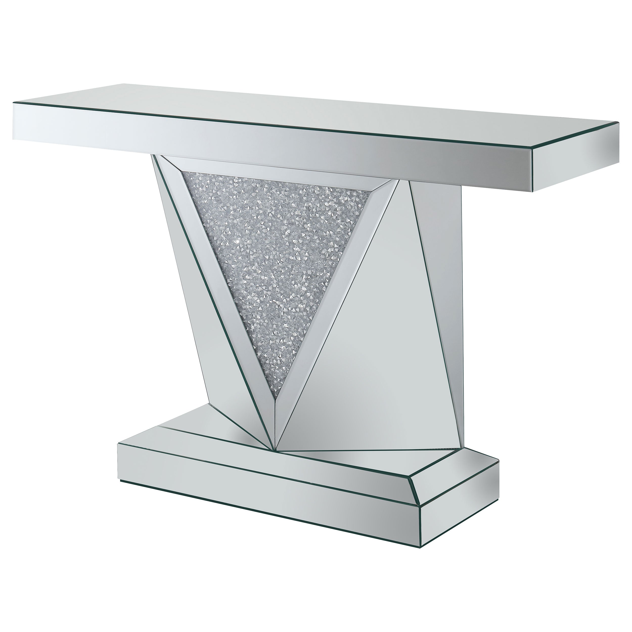 Coaster Amore Rectangular Sofa Table with Triangle Detailing Silver and Clear Mirror Default Title