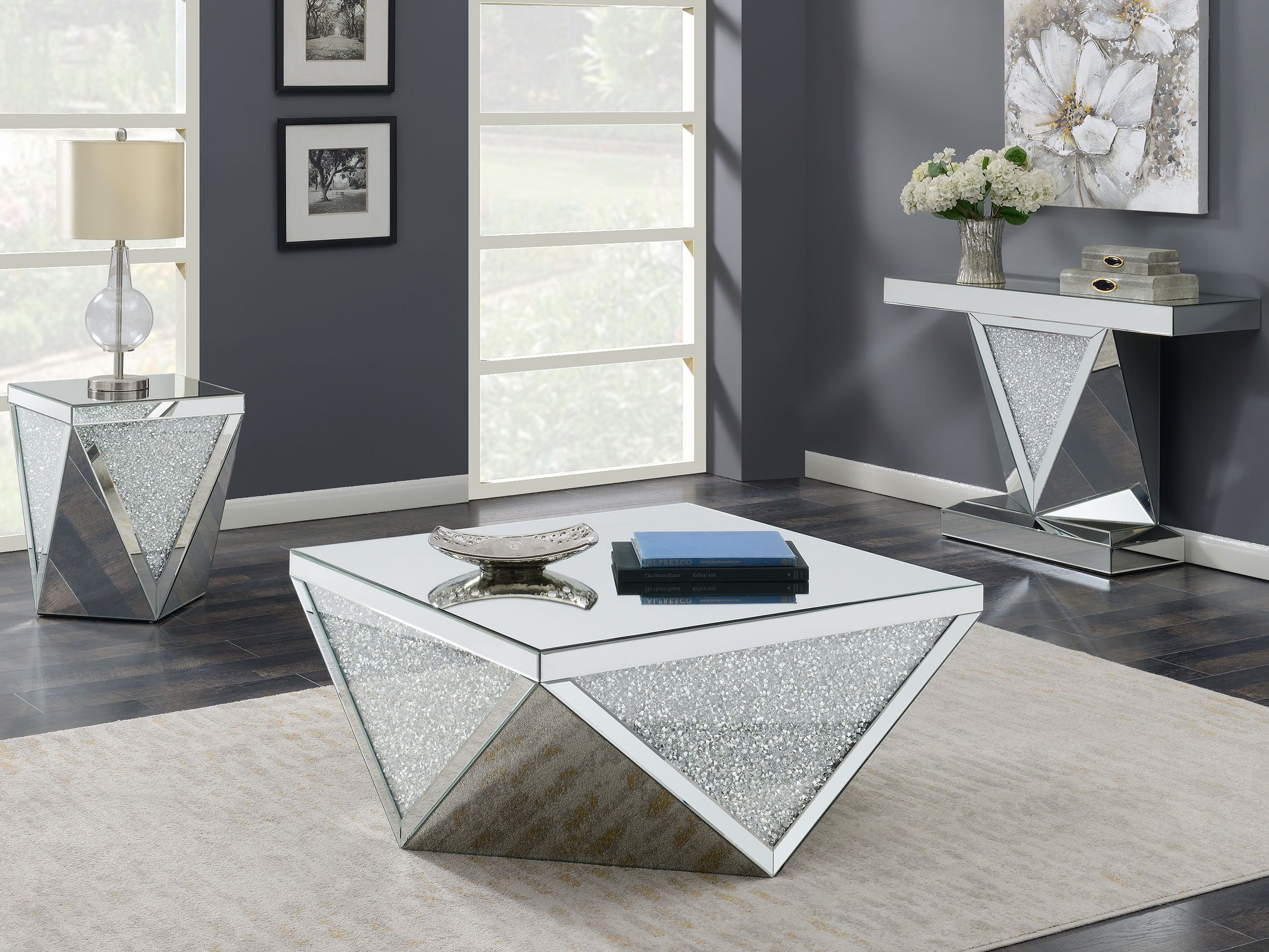 Coaster Amore Rectangular Sofa Table with Triangle Detailing Silver and Clear Mirror Default Title