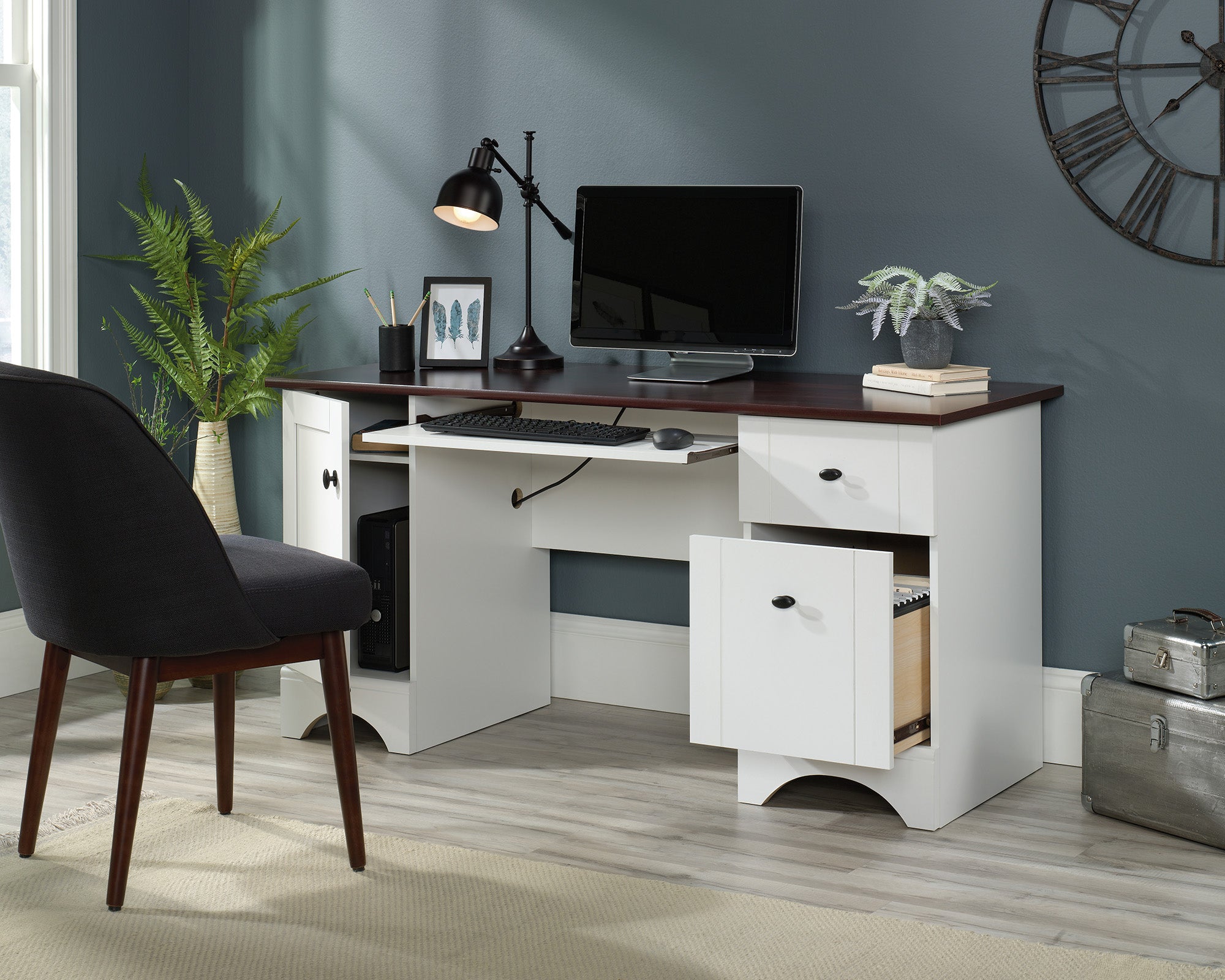 Sauder Select White Home Office Desk with Cherry Accent Top