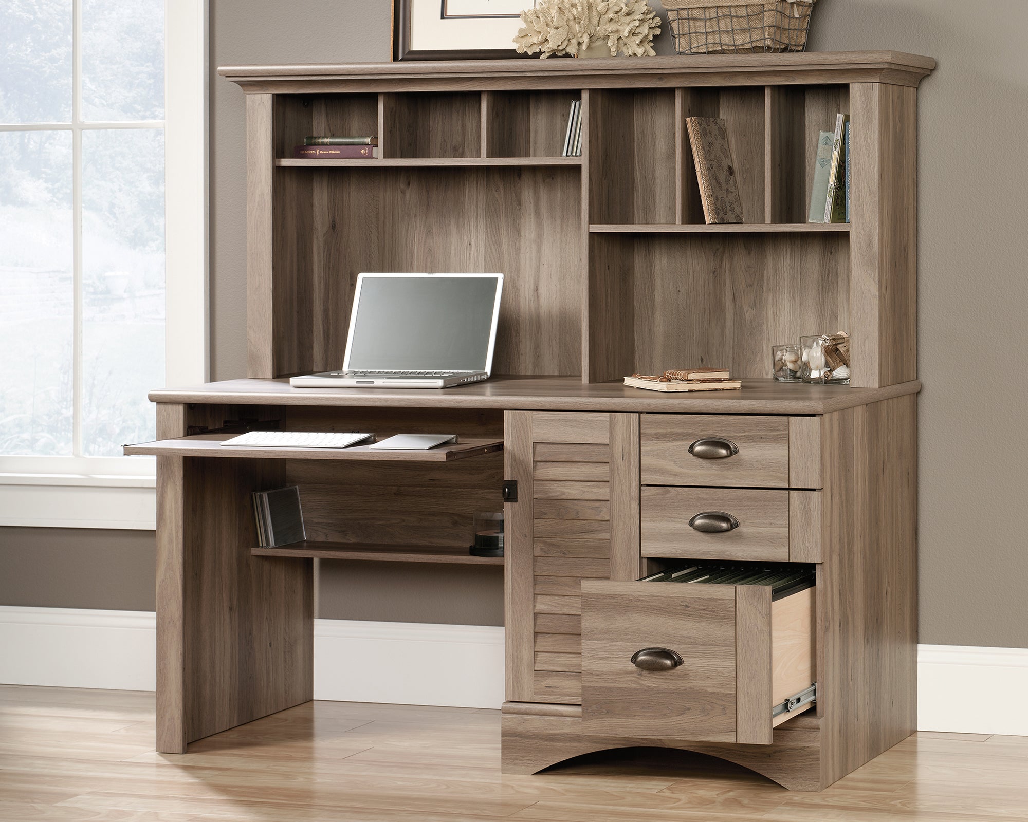 Harbor View  Computer Desk With Hutch Salt Oak