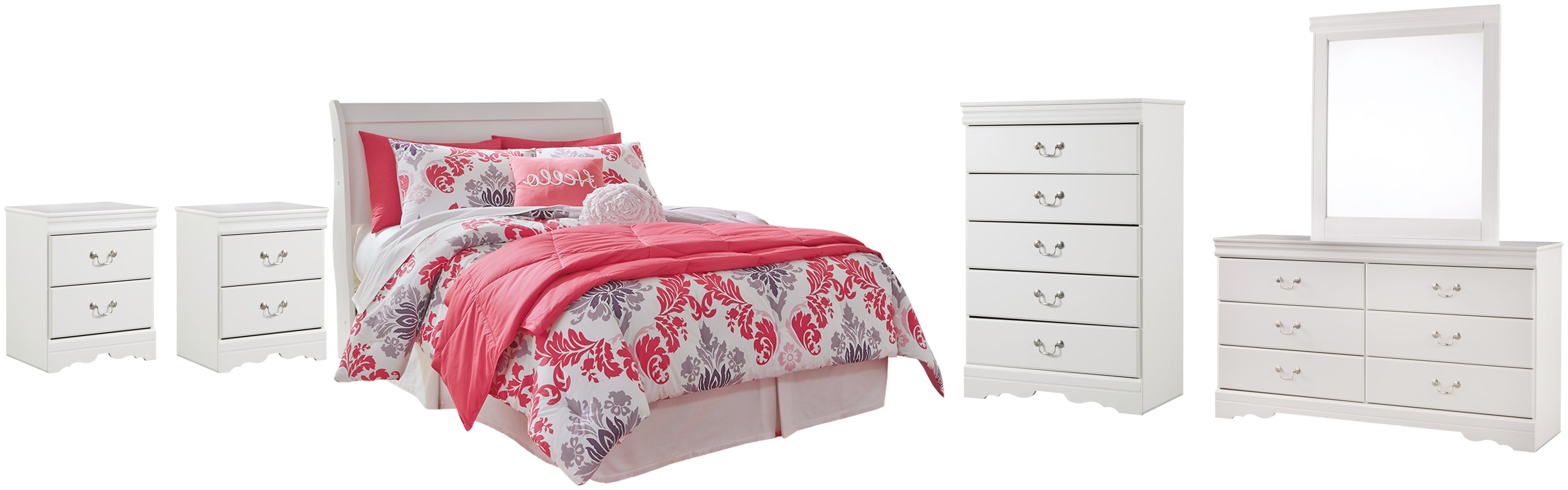 Anarasia Full Sleigh Headboard Bed with Mirrored Dresser, Chest and 2 Nightstands