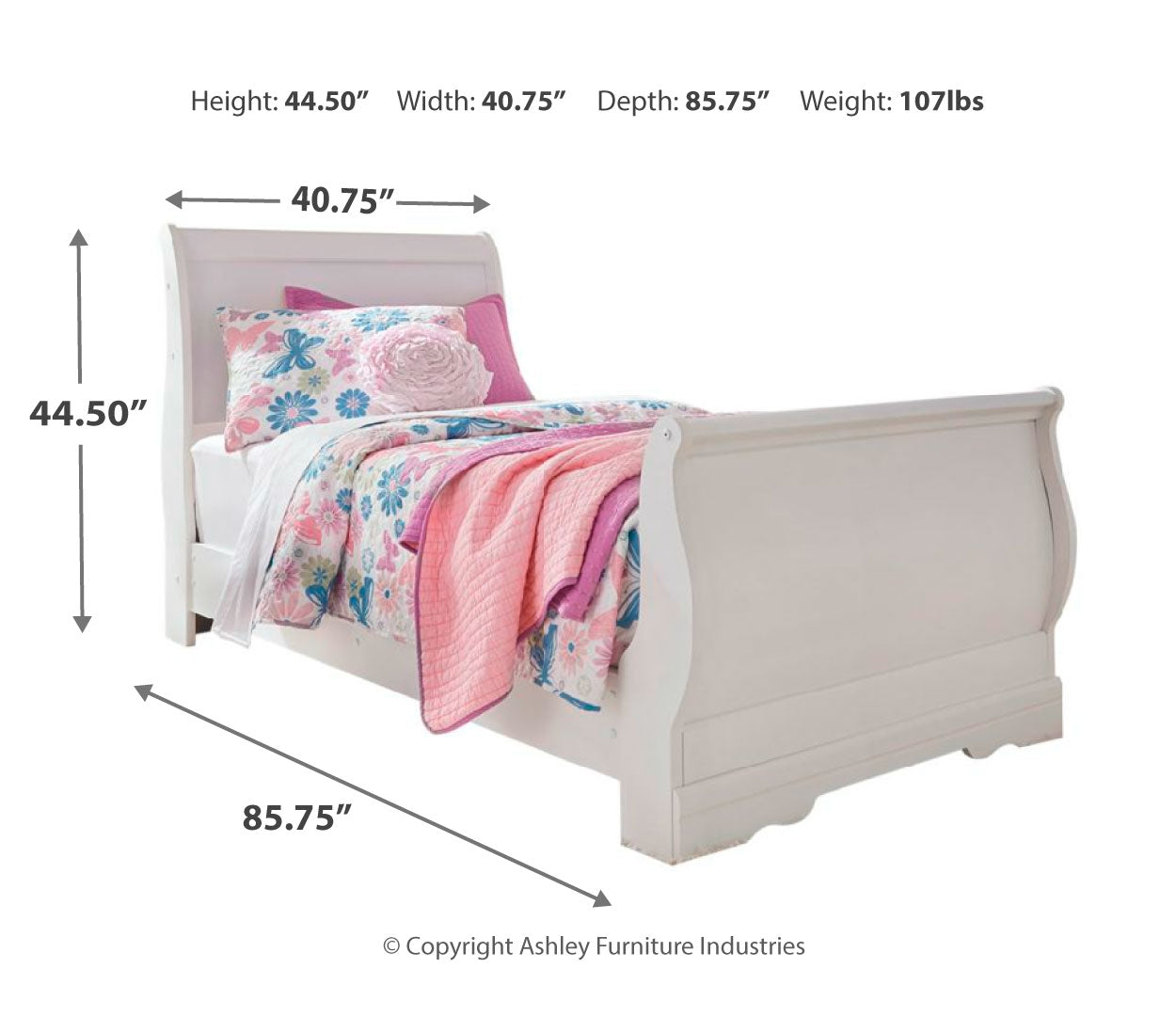 Anarasia Twin Sleigh Bed with Mirrored Dresser