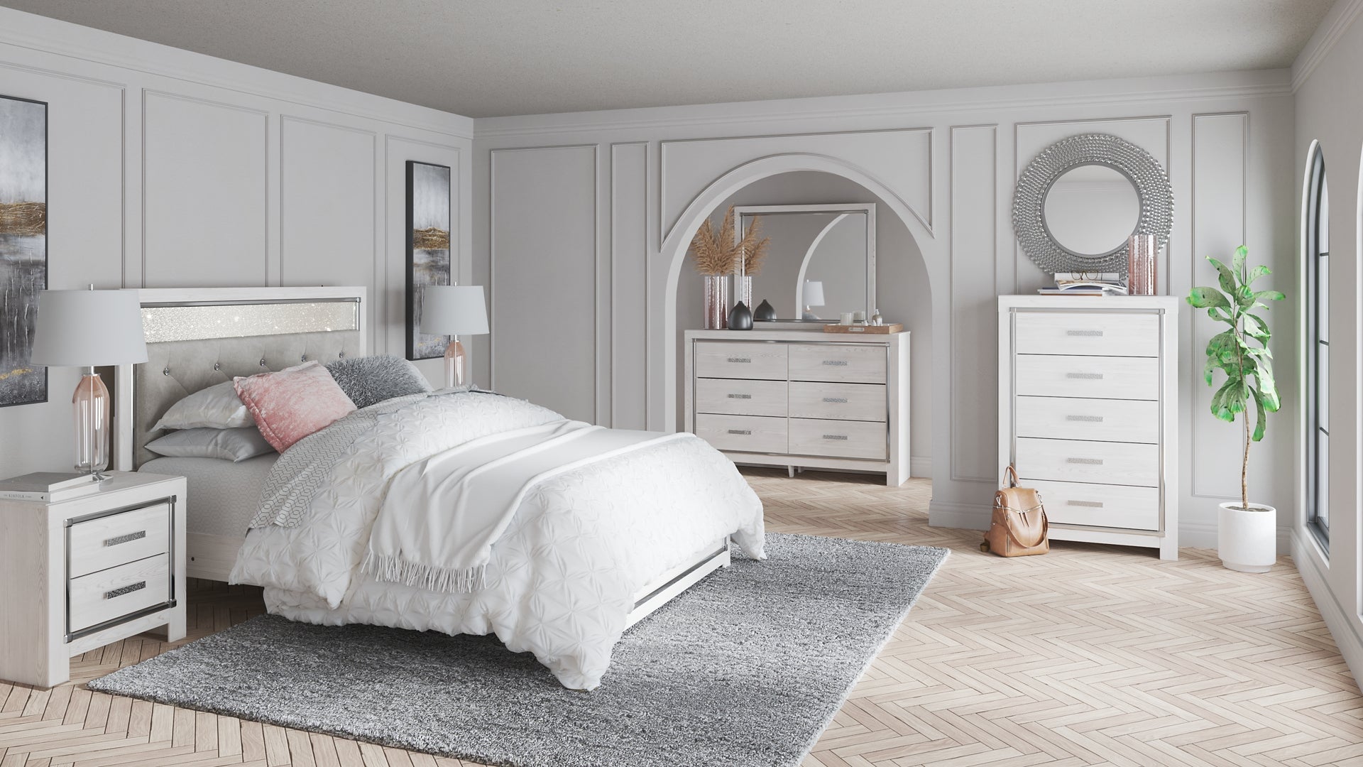 Altyra Queen Panel Bed with Mirrored Dresser and Chest