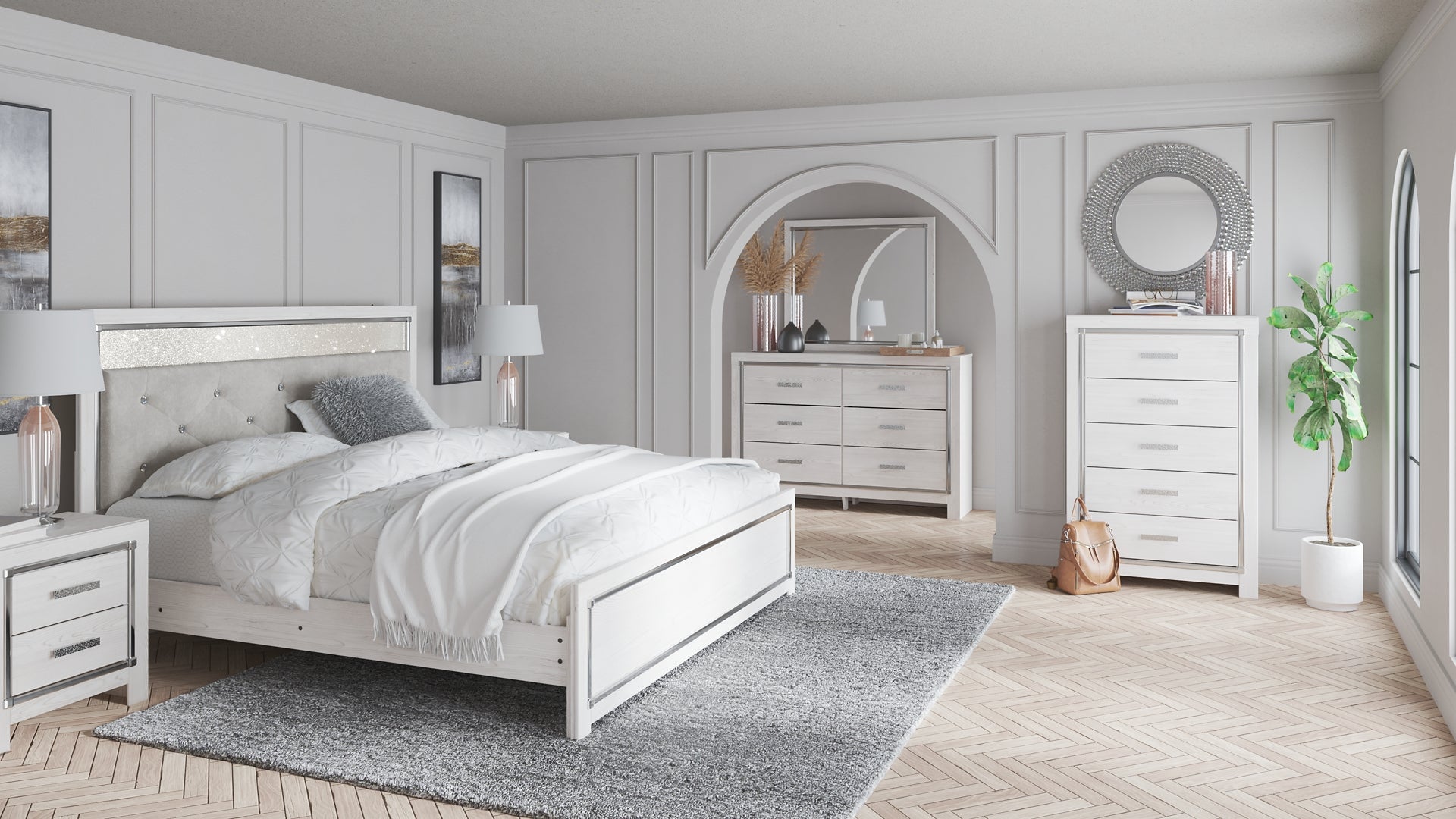 Altyra King Panel Headboard Bed with Mirrored Dresser