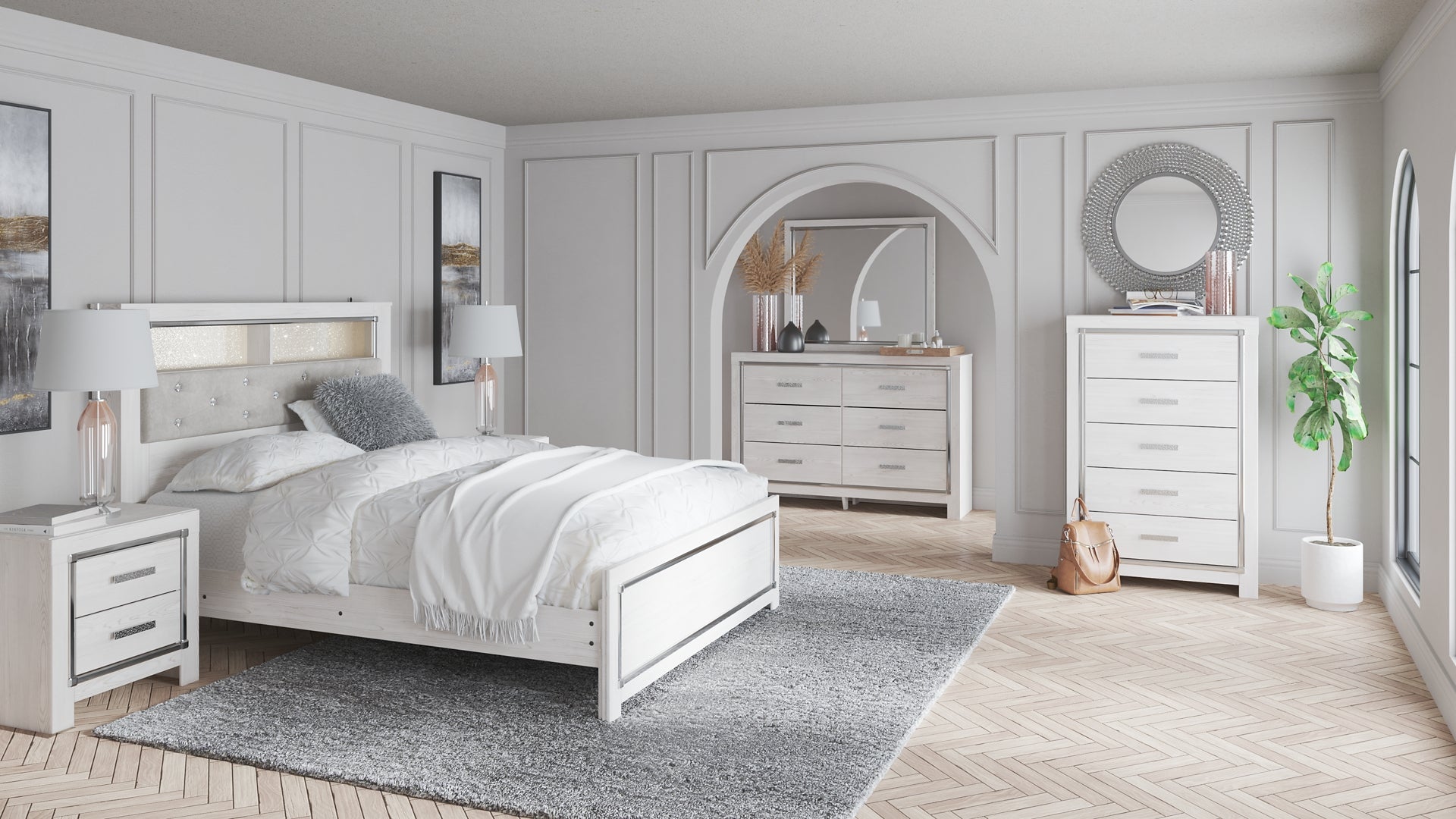 Altyra Queen Panel Bookcase Bed with Mirrored Dresser