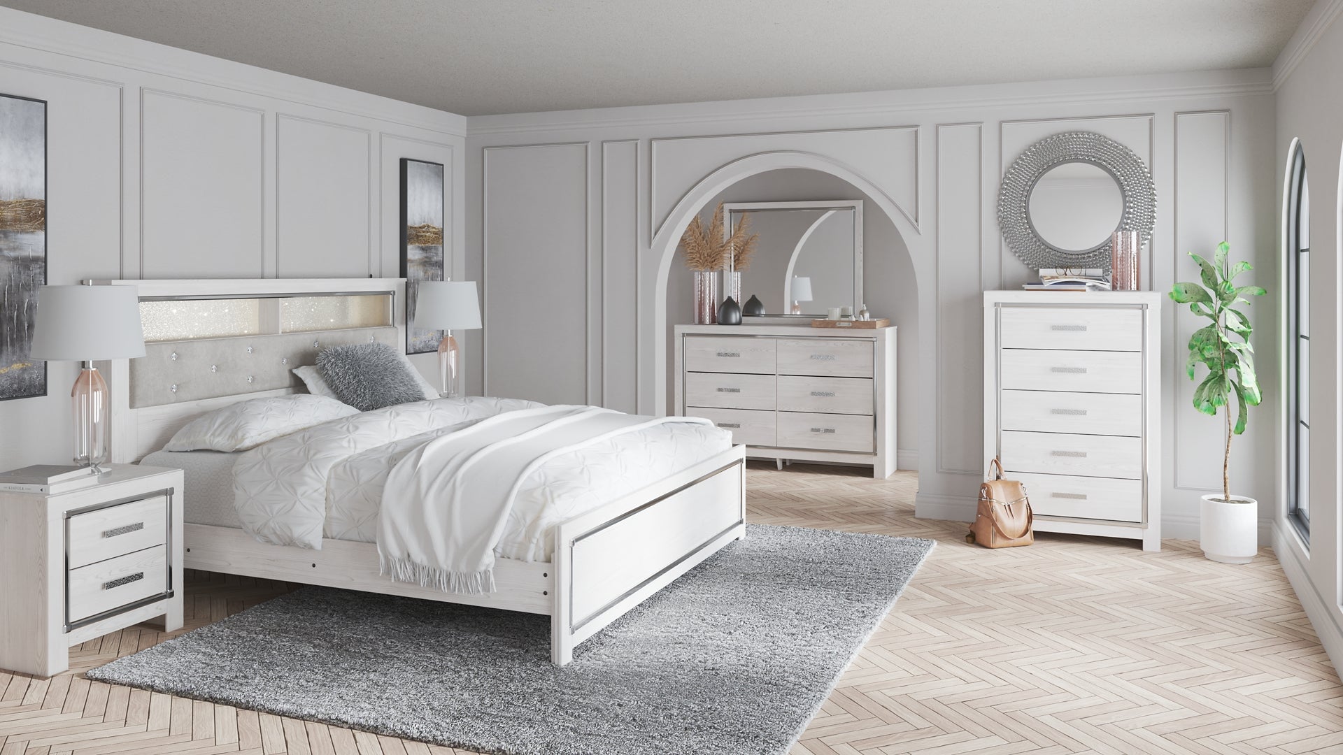 Altyra King Bookcase Headboard Bed with Mirrored Dresser, Chest and 2 Nightstands