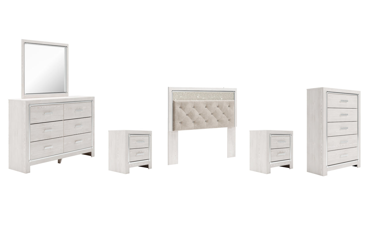 Altyra Queen Panel Headboard Bed with Mirrored Dresser, Chest and 2 Nightstands