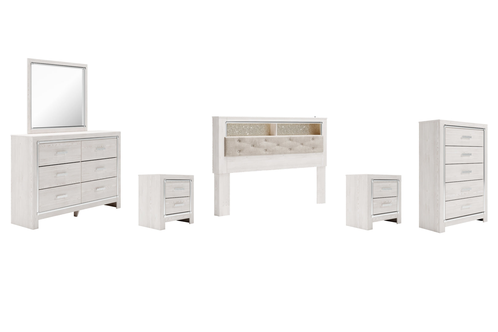 Altyra King Bookcase Headboard Bed with Mirrored Dresser, Chest and 2 Nightstands