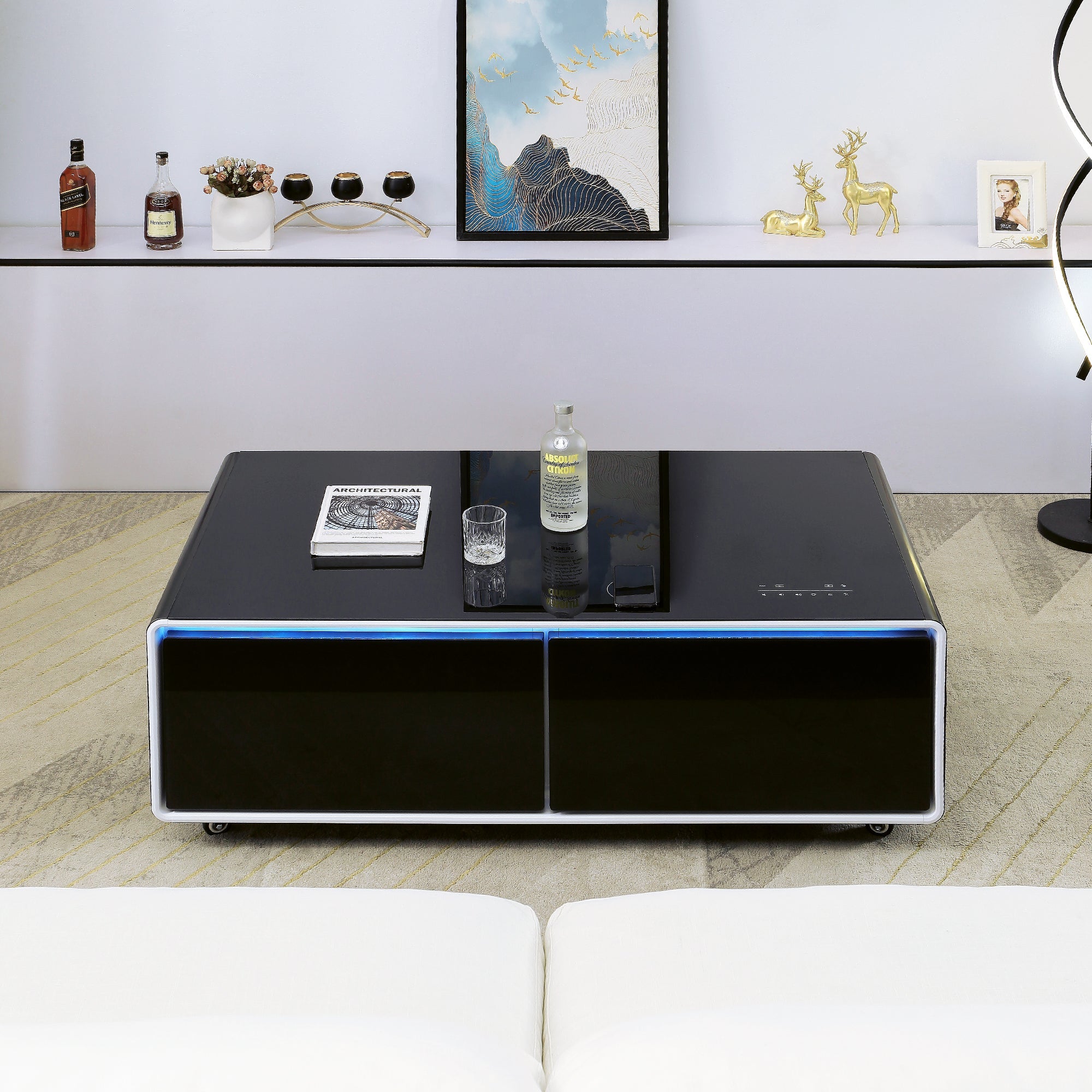 Artisan Framhild Coffee Table with Fridge and Bluetooth Speakers Black