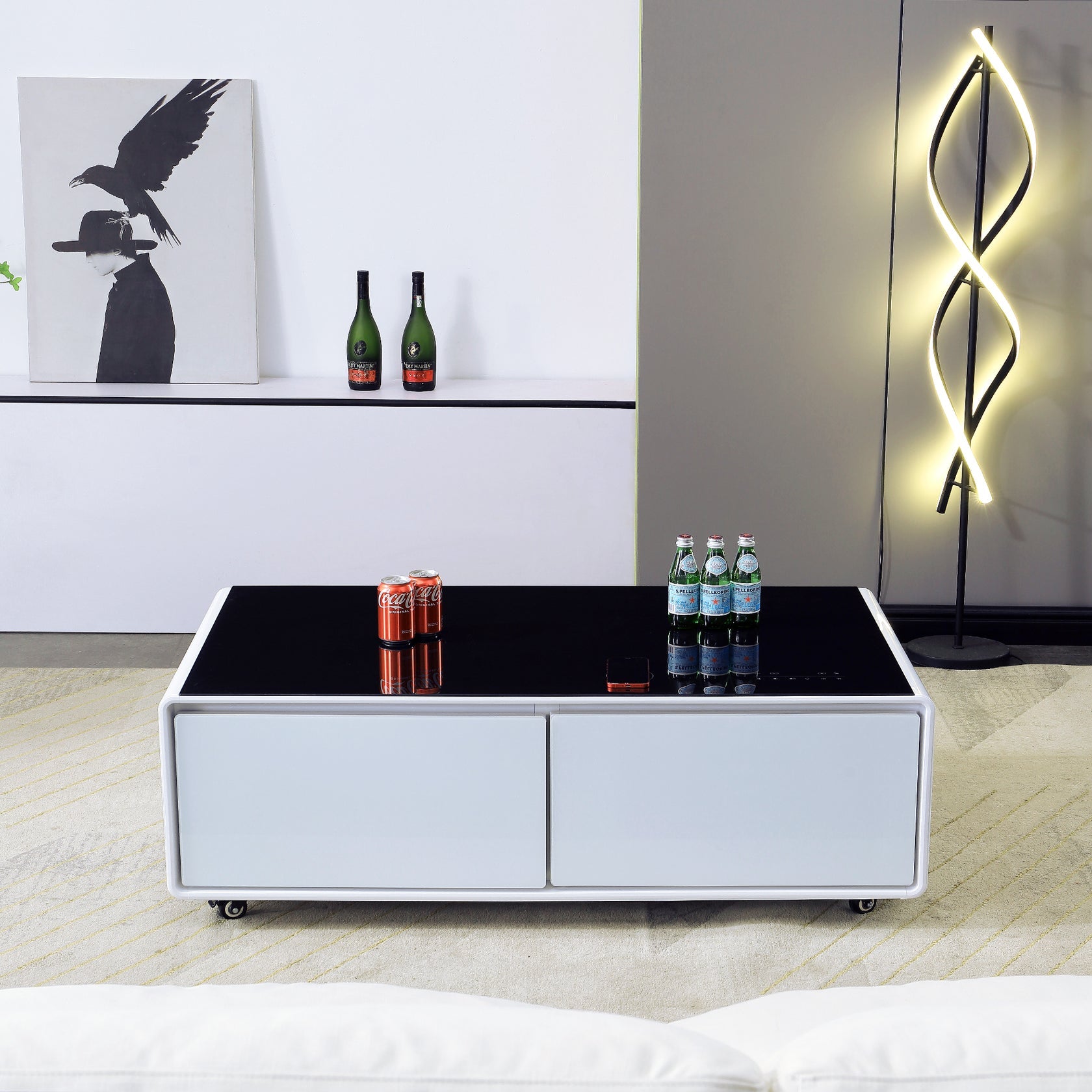 Artisan Framhild Coffee Table with Fridge and Bluetooth Speakers White & Black