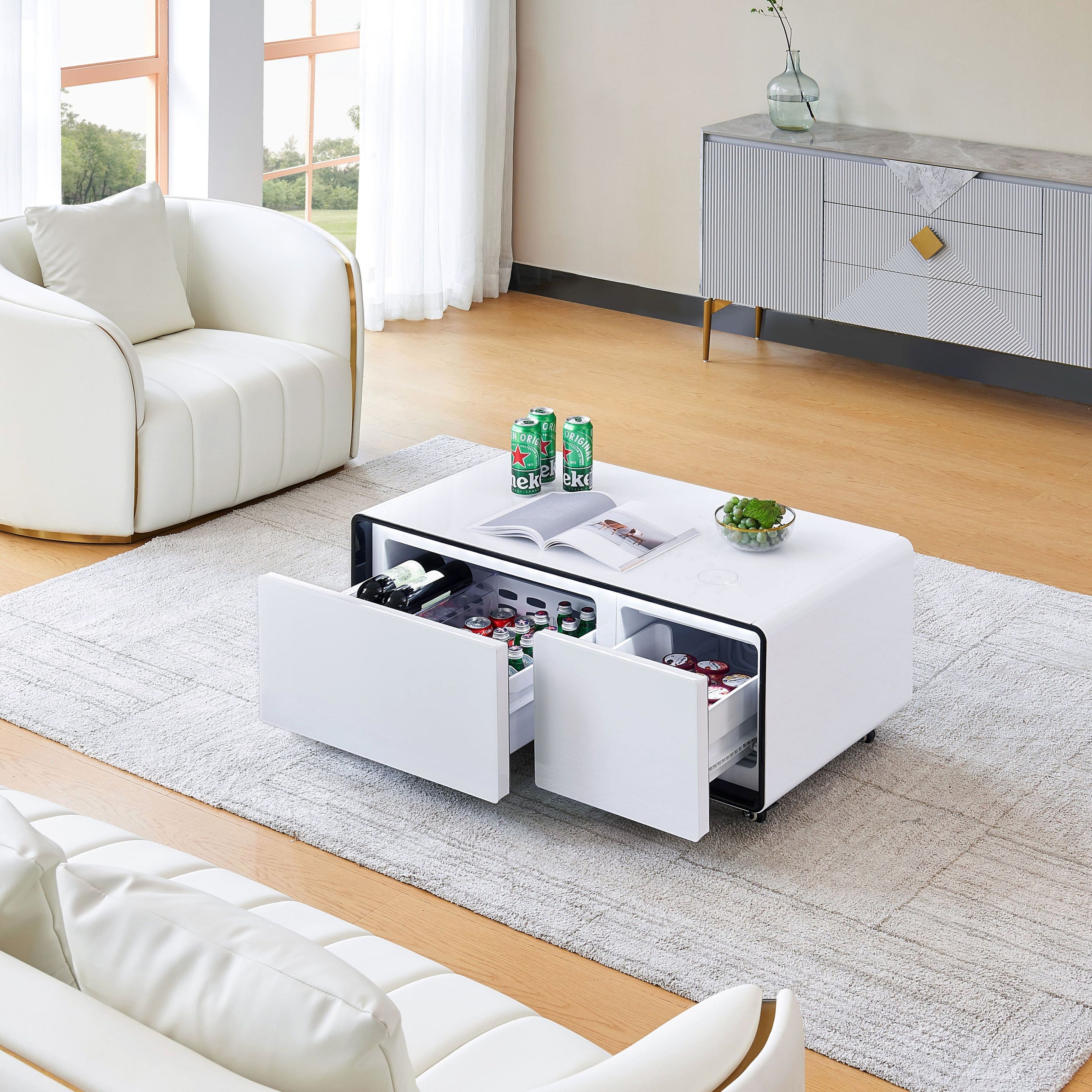 Artisan Framhild Coffee Table with Fridge and Bluetooth Speakers White