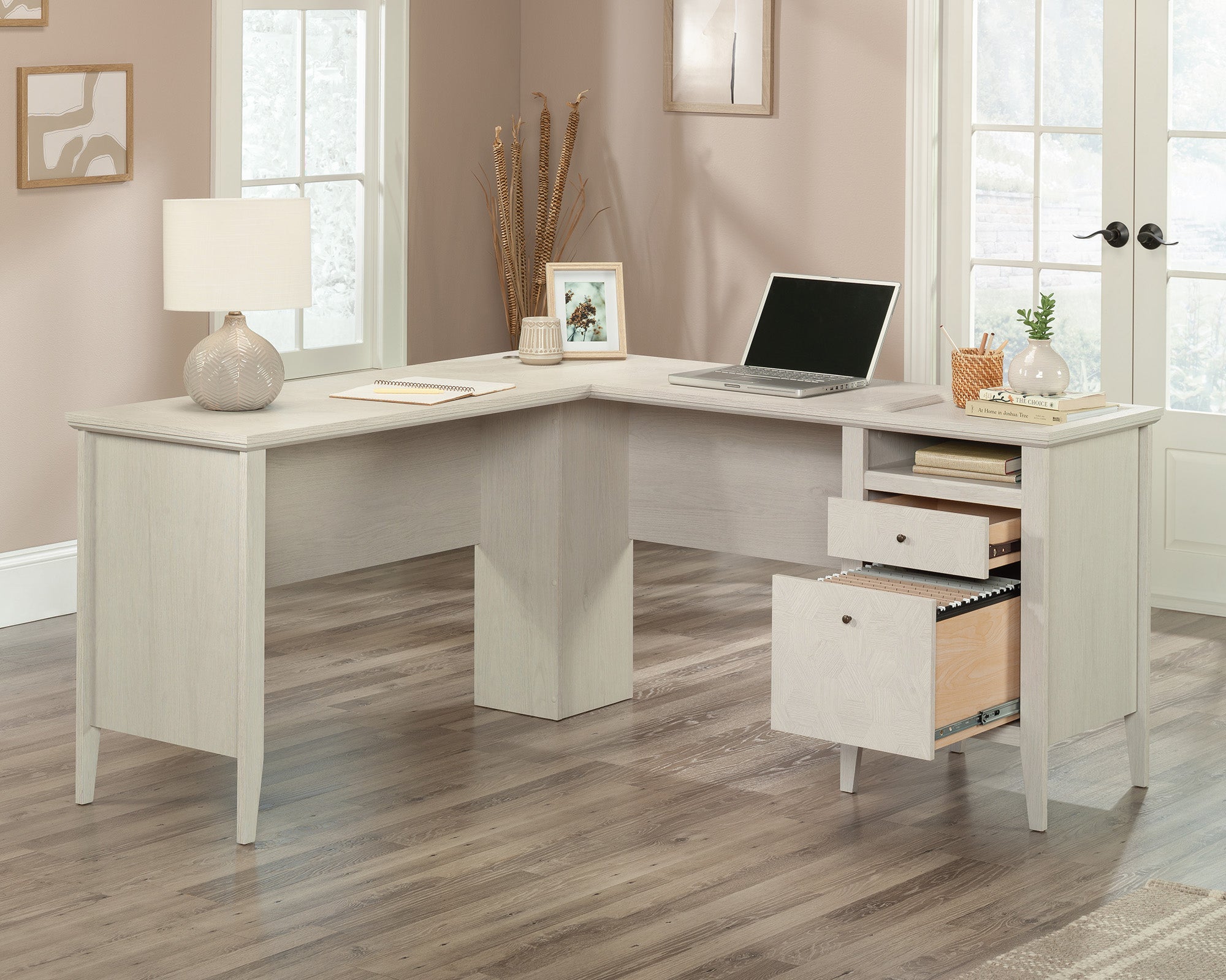 Larkin Ledge L-Shaped Desk with Drawers in Glacier Oak