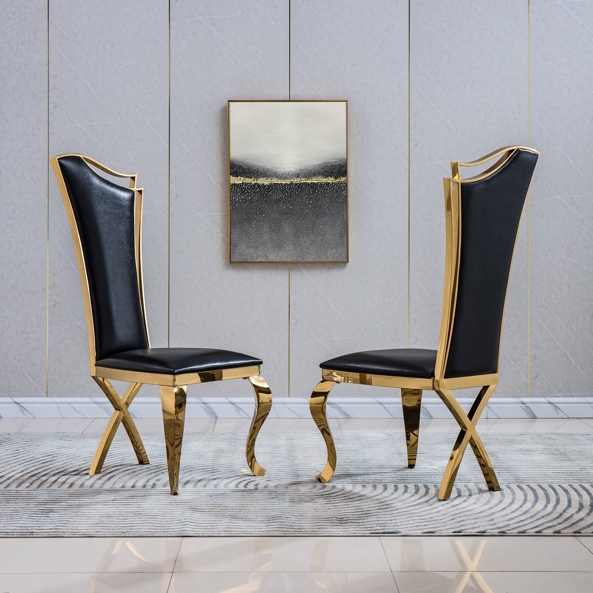 Artisan Diovanni Dining Chairs (Set of 2) Black Leather Gold