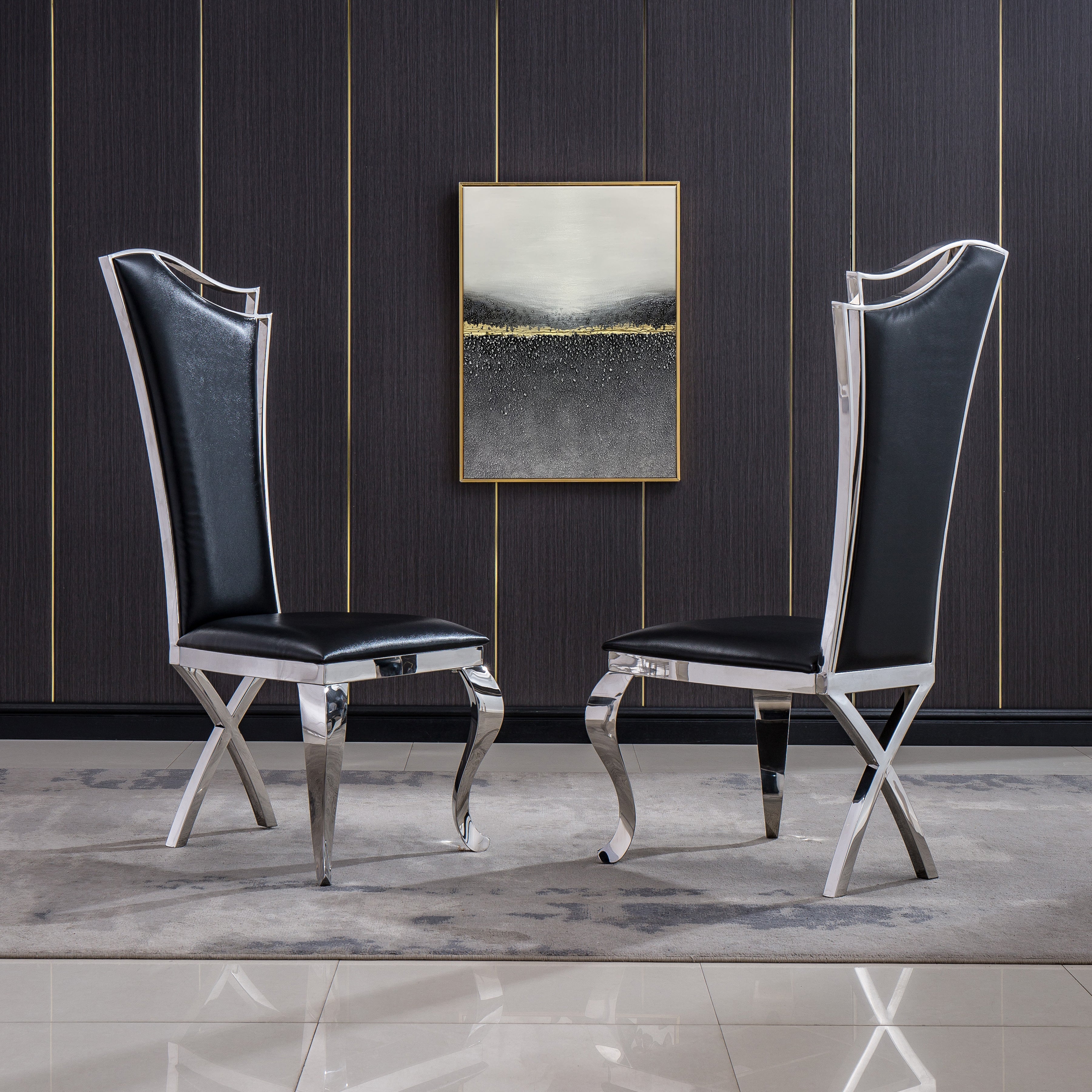 Artisan Diovanni Dining Chairs (Set of 2) Black Leather Silver