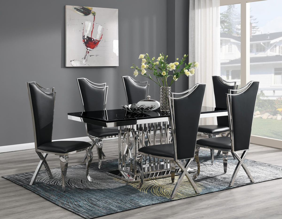 Dining Table (Black Marble) & 4 Black Leather Chairs