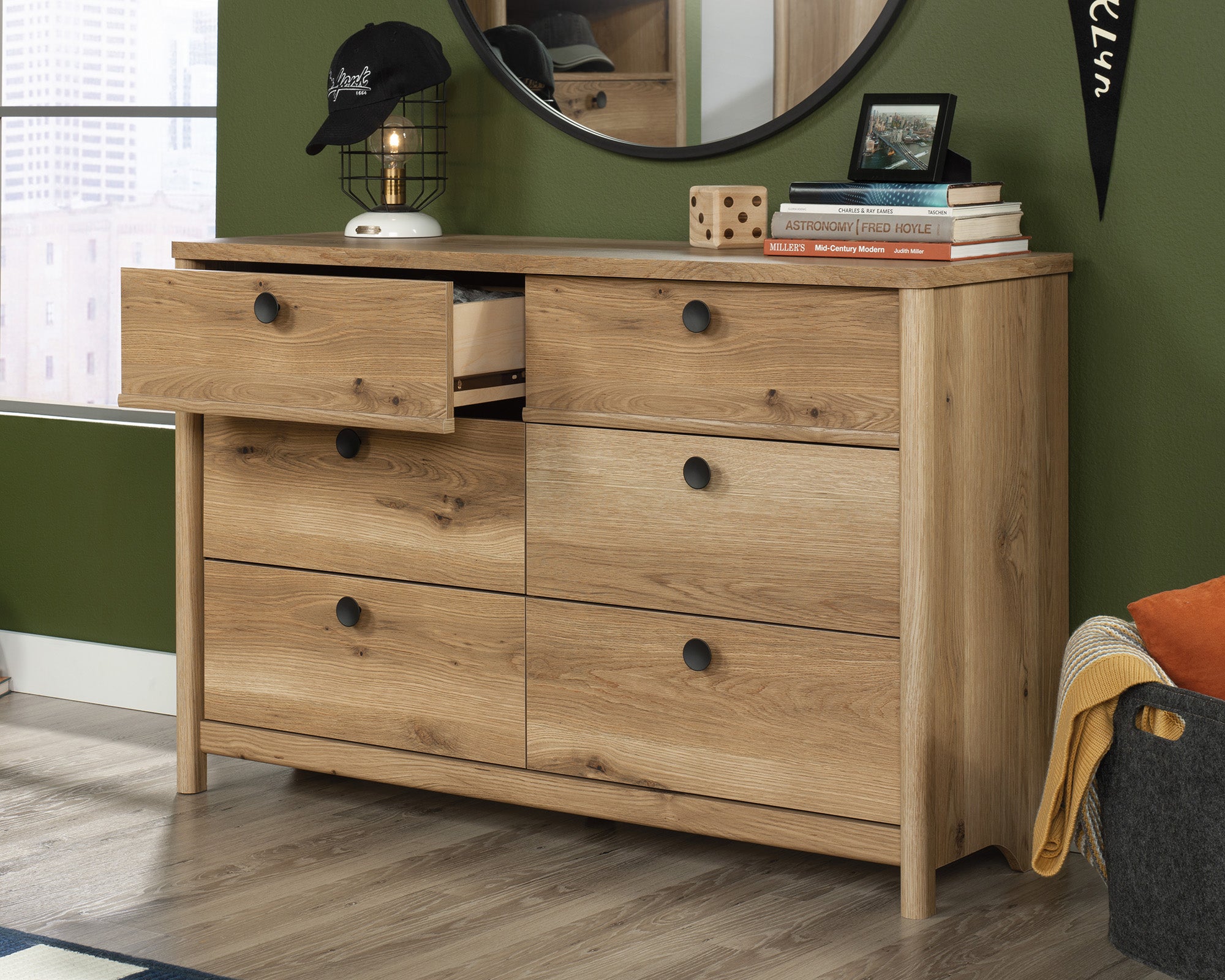 Dover Edge  6-Drawer Bedroom Dresser in Timber Oak