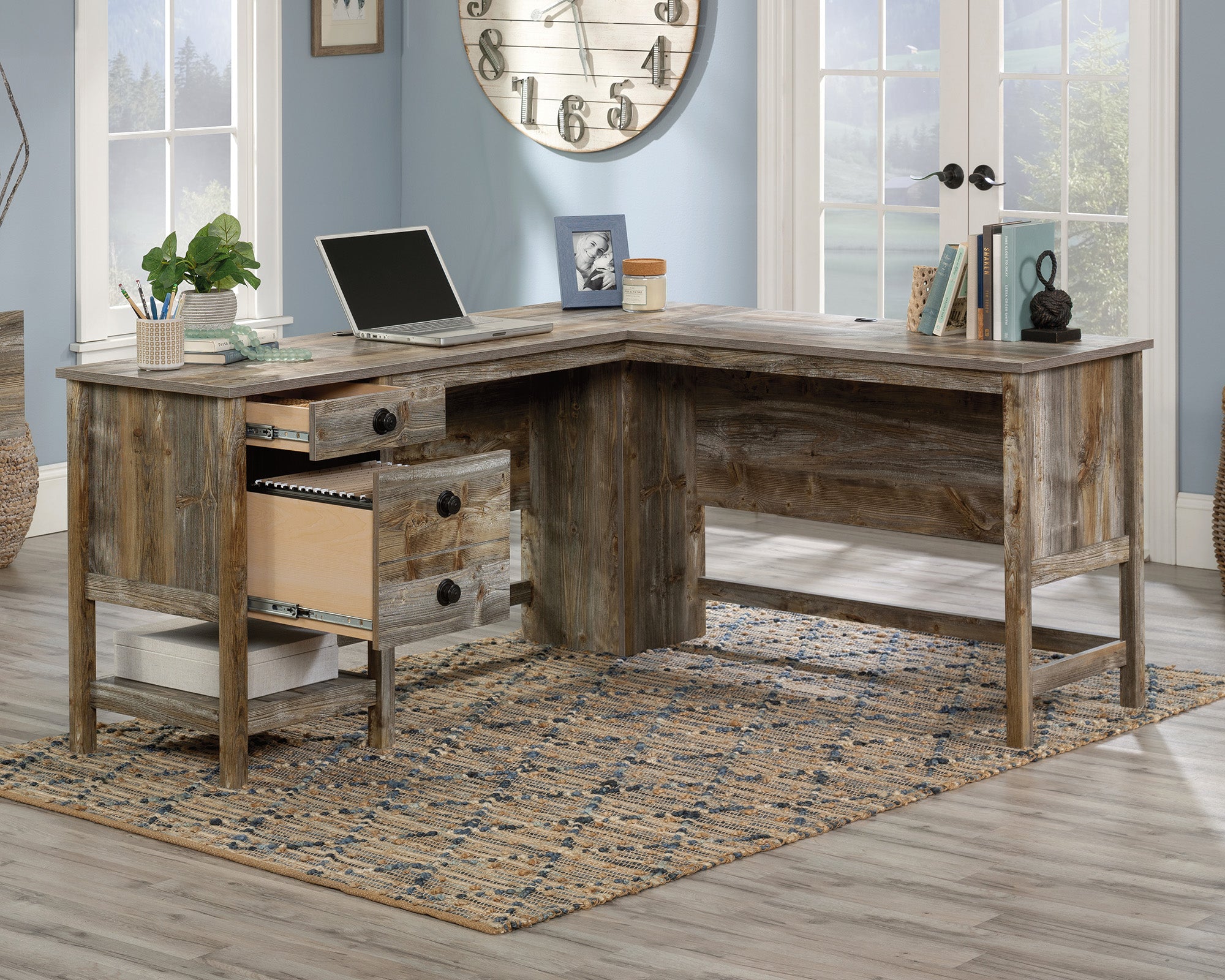 Granite Trace  L-Shaped Home Office Desk in Rustic Cedar