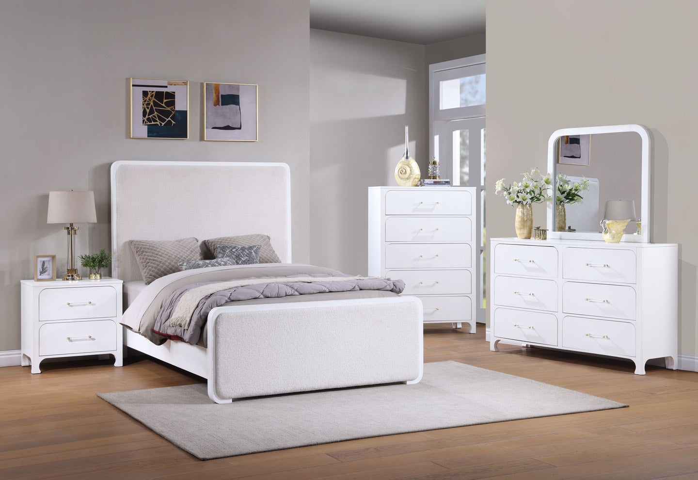 Coaster Anastasia Boucle Upholstered Bedroom Set Pearl White and Beige Cal King Set of 5