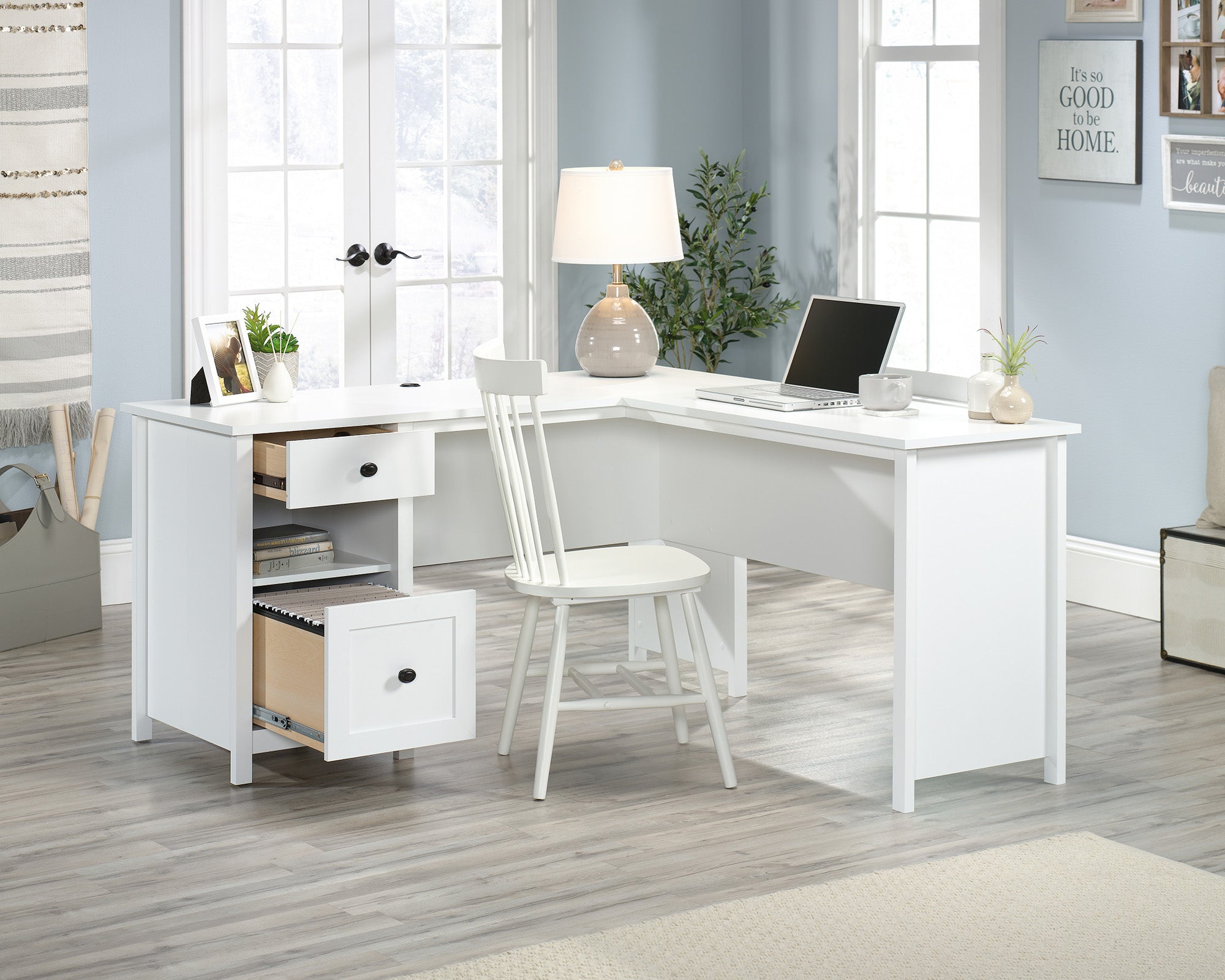 County Line  Soft White L-Shaped Desk with File Drawer