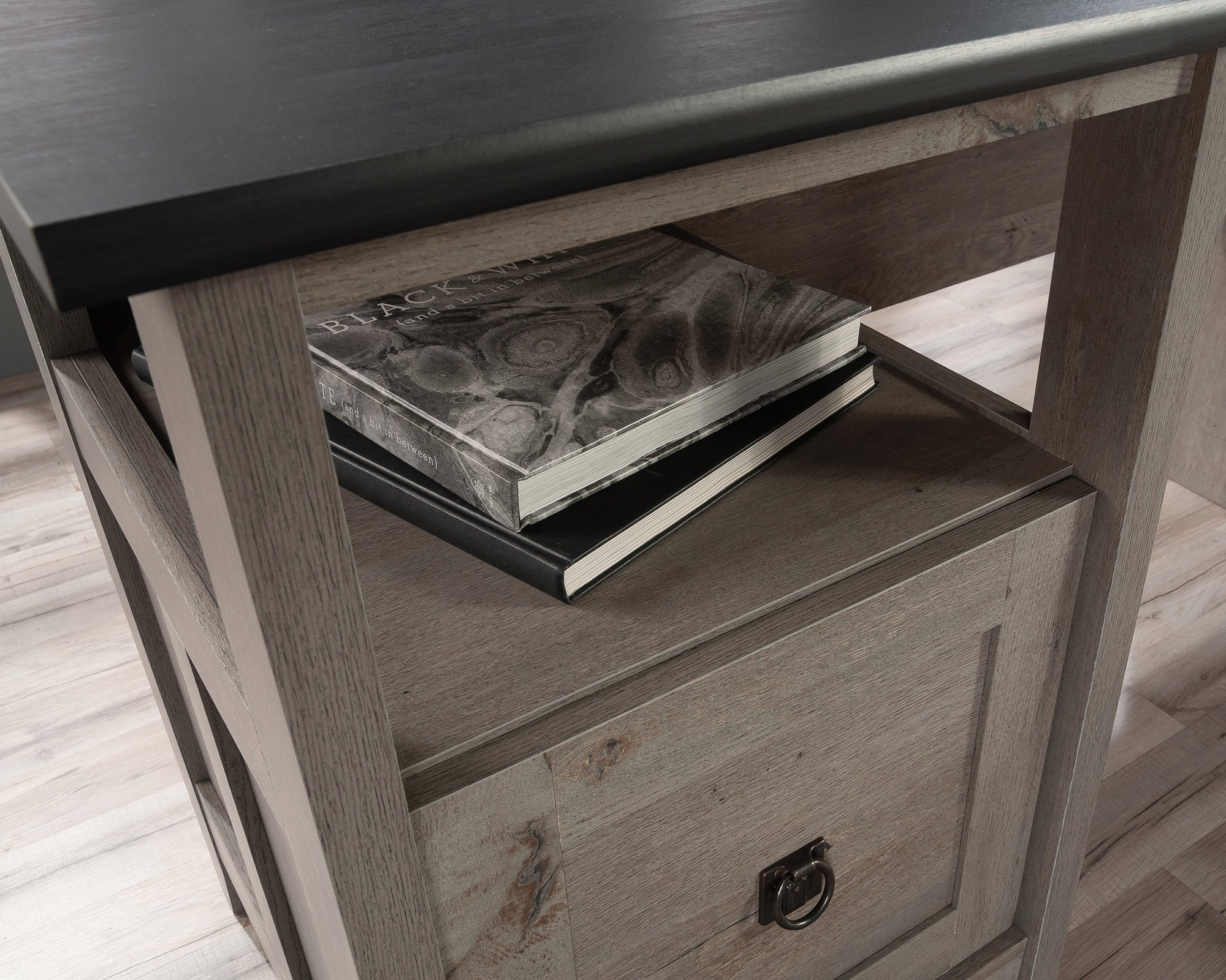 August Hill L-Shaped Home Office Desk in Mystic Oak