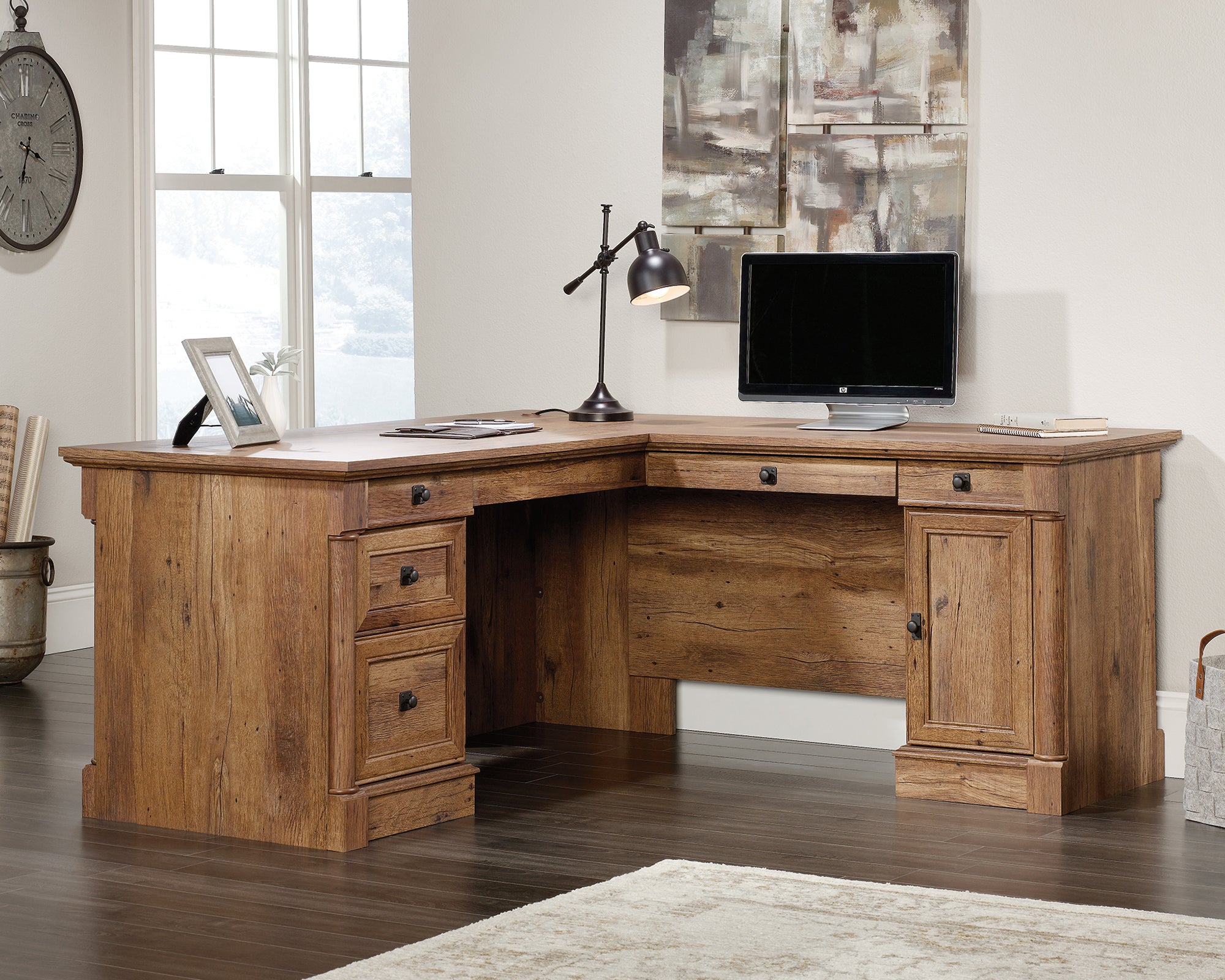 Palladia  L-Shaped Desk in Vintage Oak finish