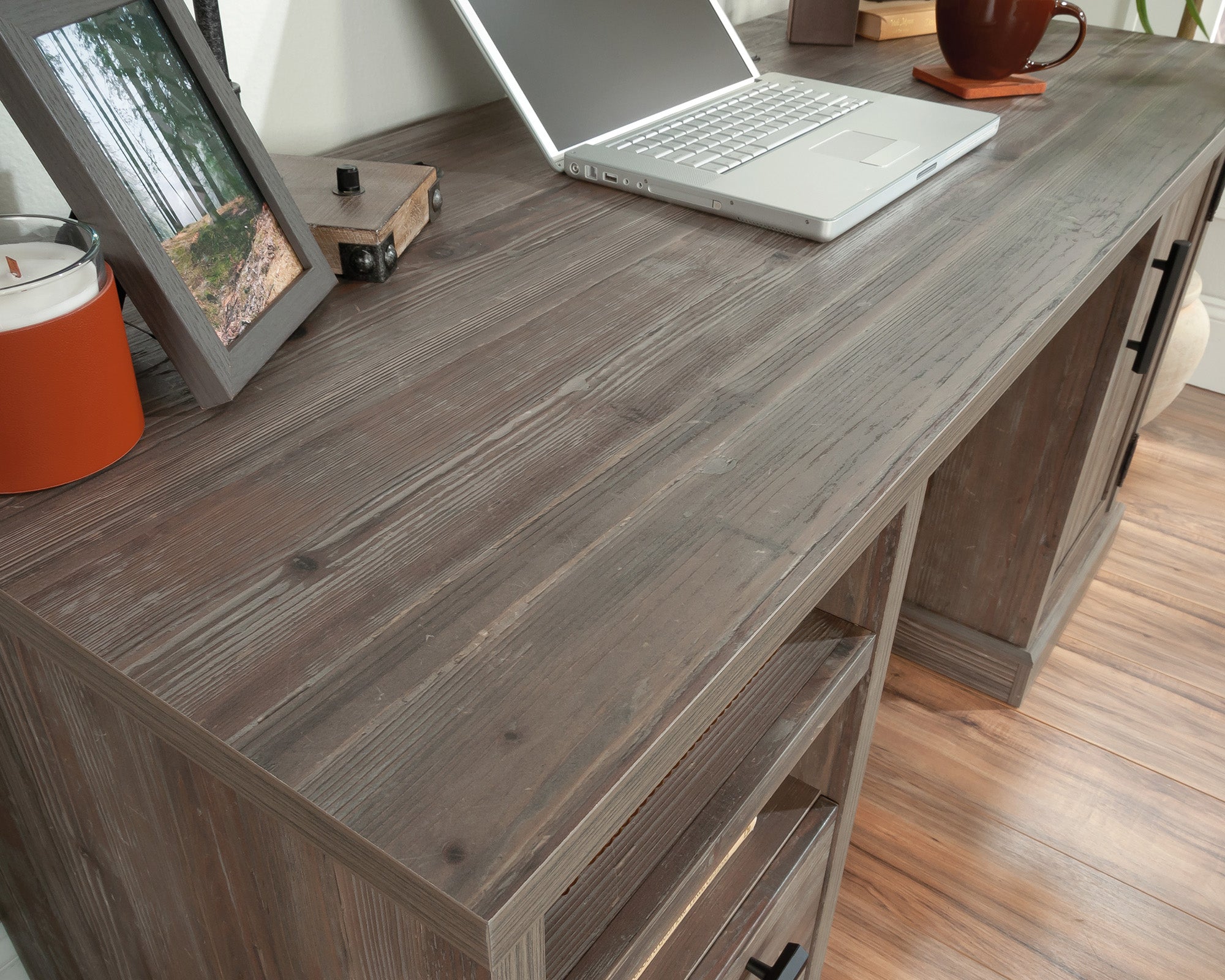 Aspen Post  Double Ped Desk with Drawer in Pebble Pine