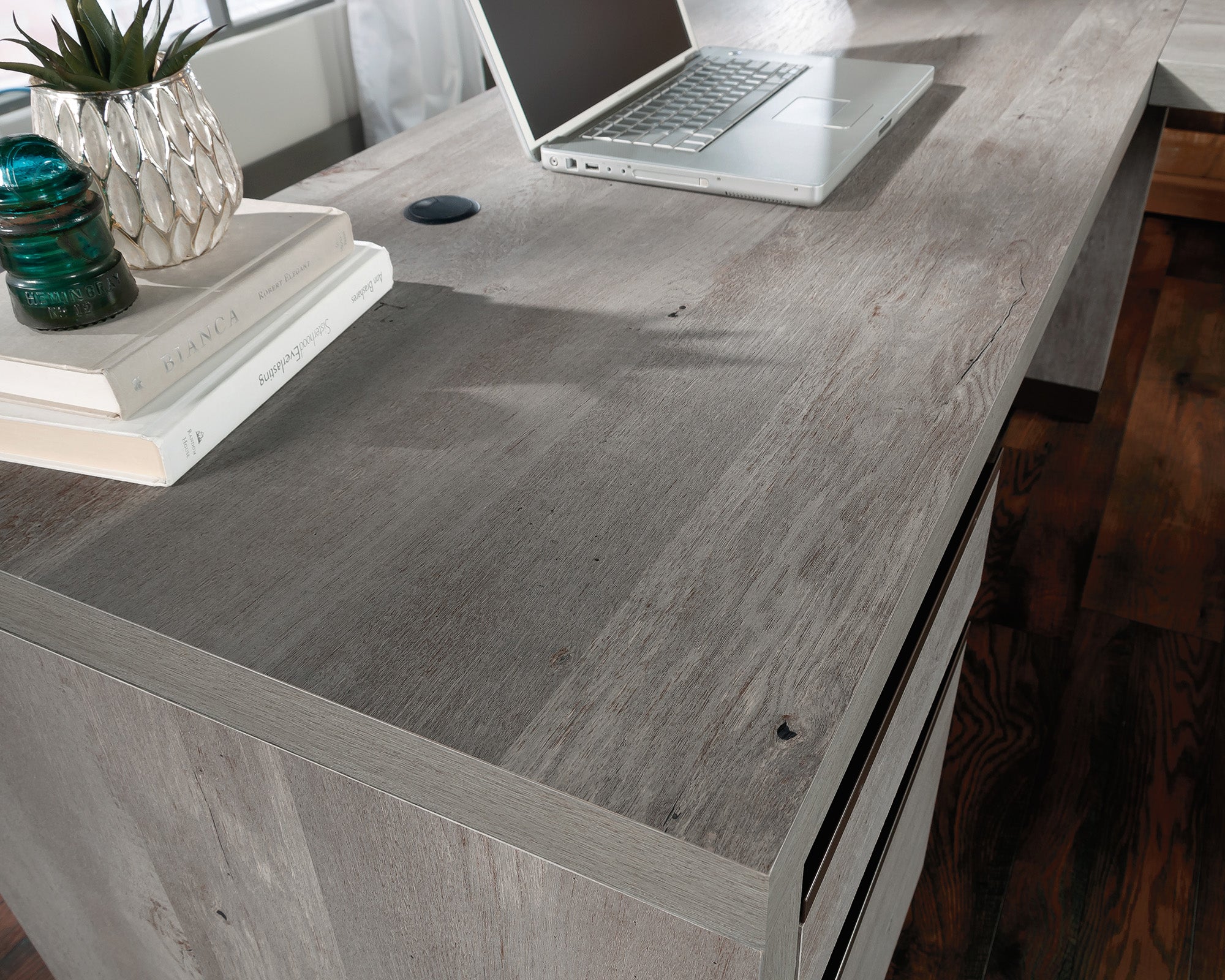 Manhattan Gate  Modern L-Shaped Desk in Mystic Oak Finish