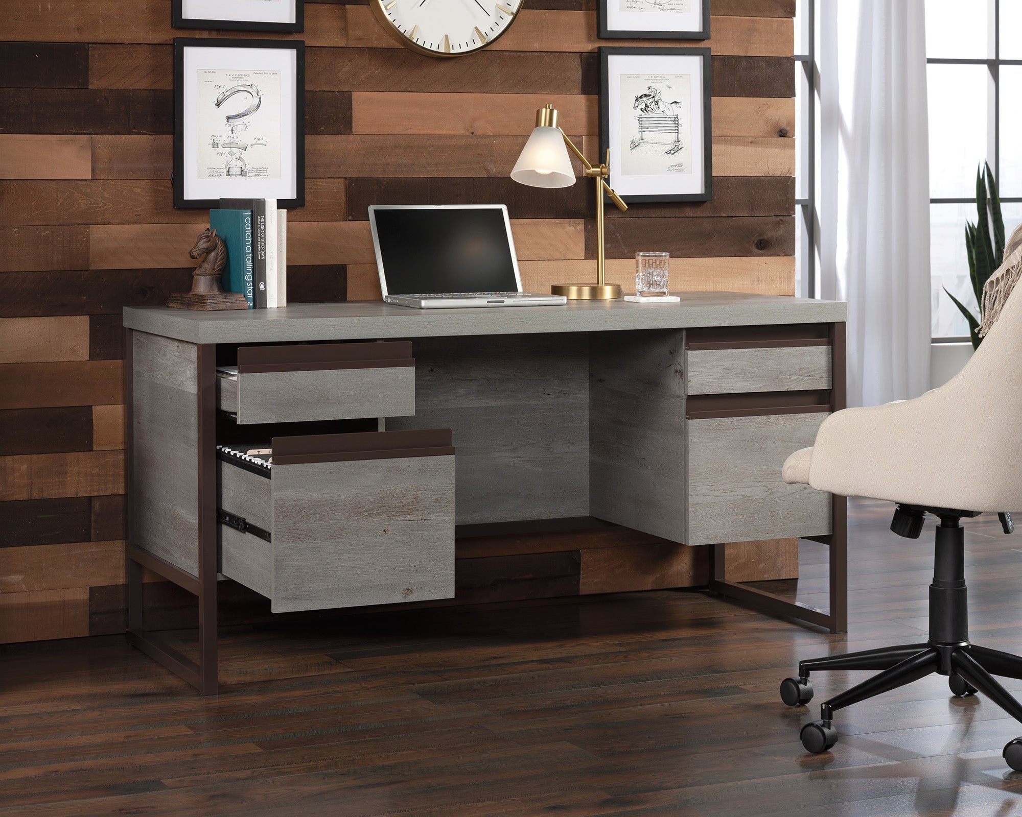 Manhattan Gate  Modern 4-Drawer Office Desk in Mystic Oak