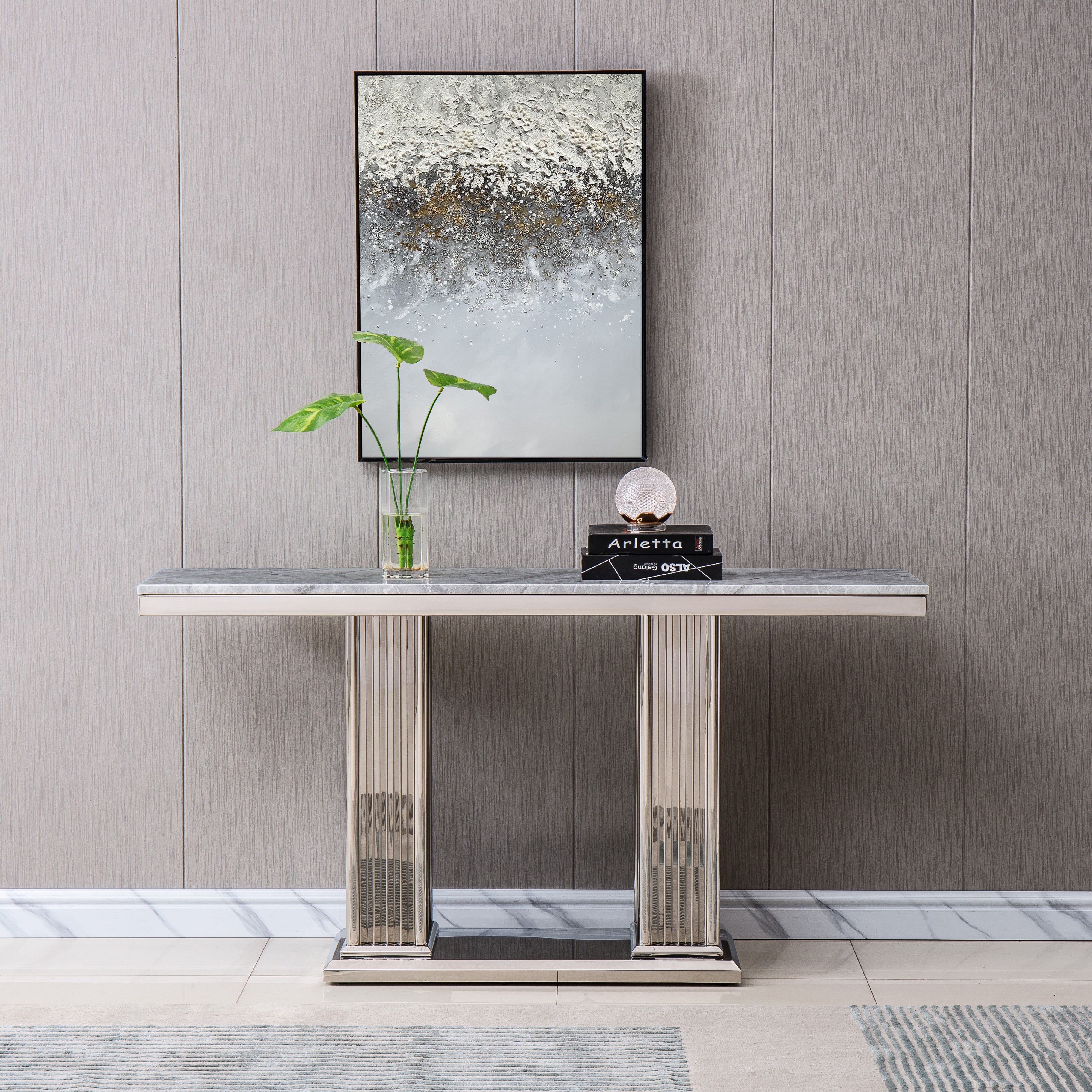 Artisan Gartenbush Sofa Table Grey Marble Silver Finish