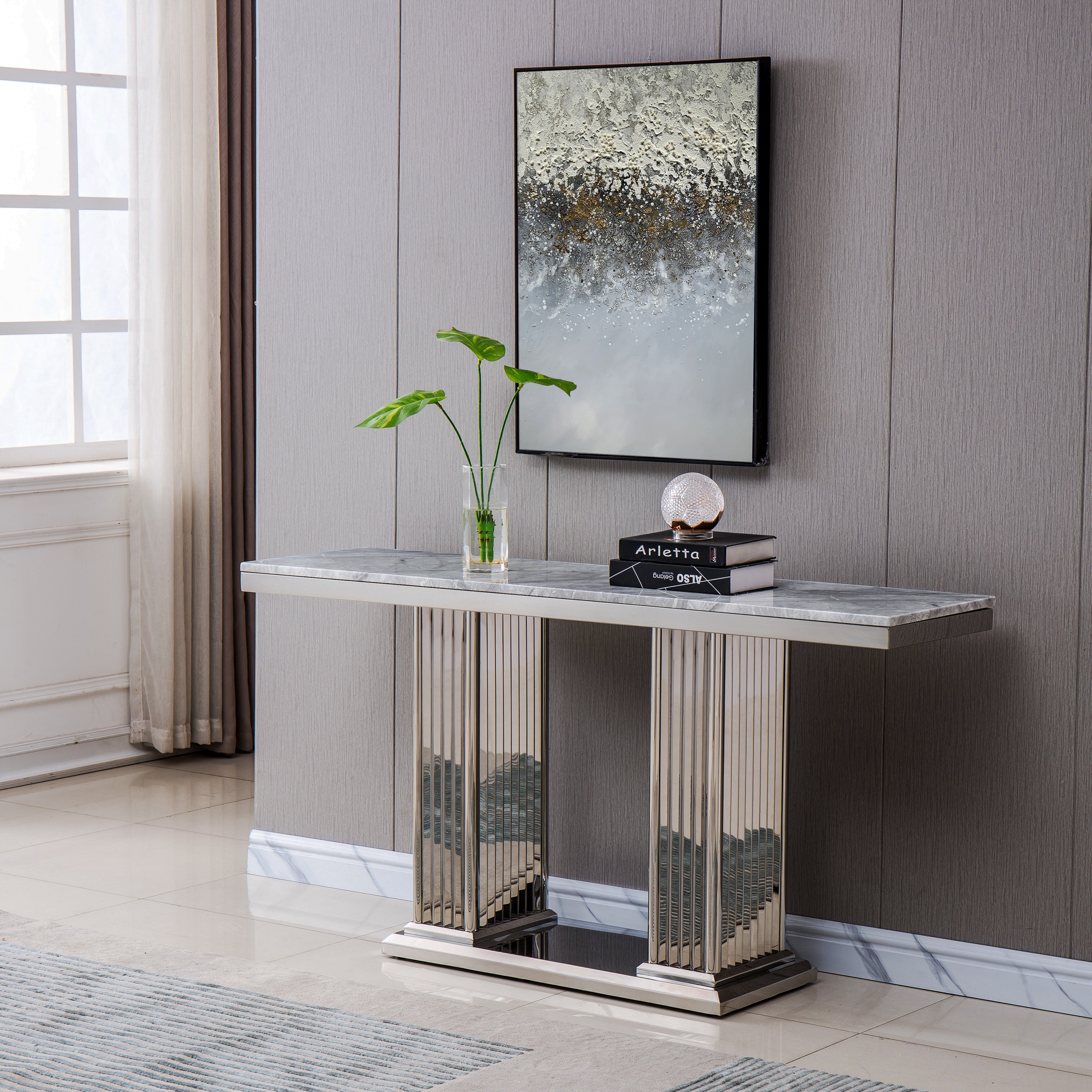 Artisan Gartenbush Sofa Table Grey Marble Silver Finish