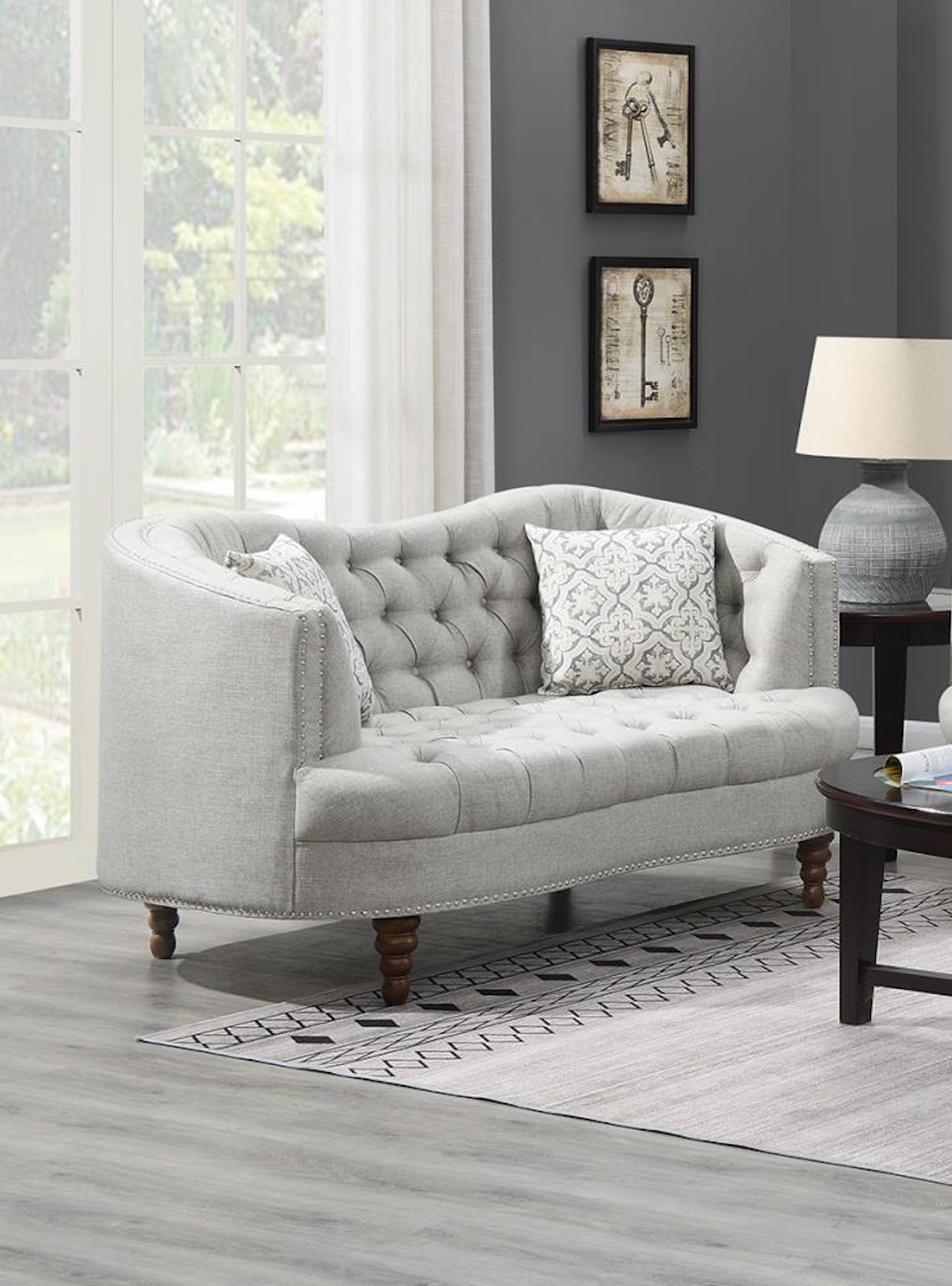 Gray Loveseat W/Two Pillows & Wooden Legs