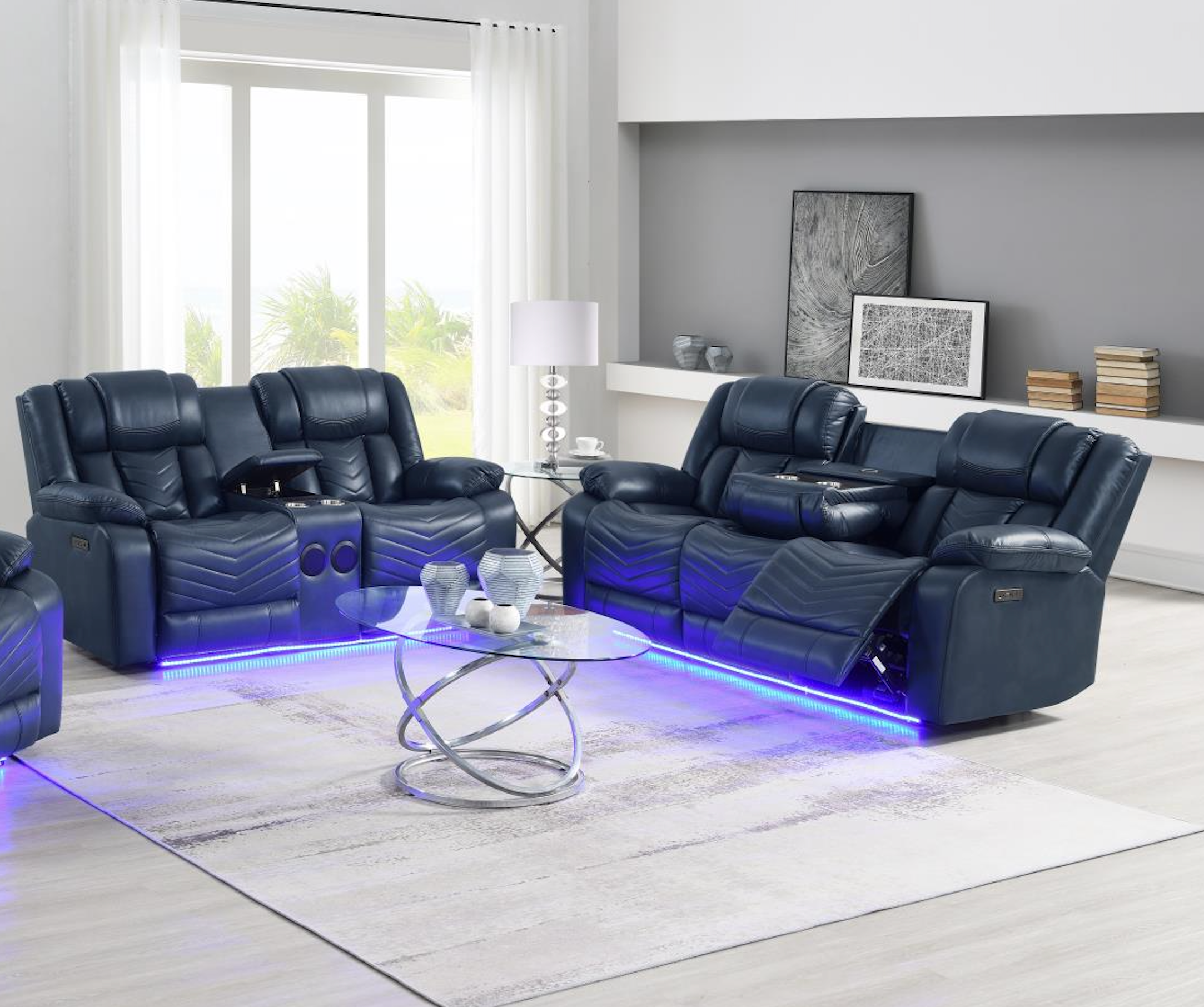 Navy Power Reclining Sofa W/Led Light