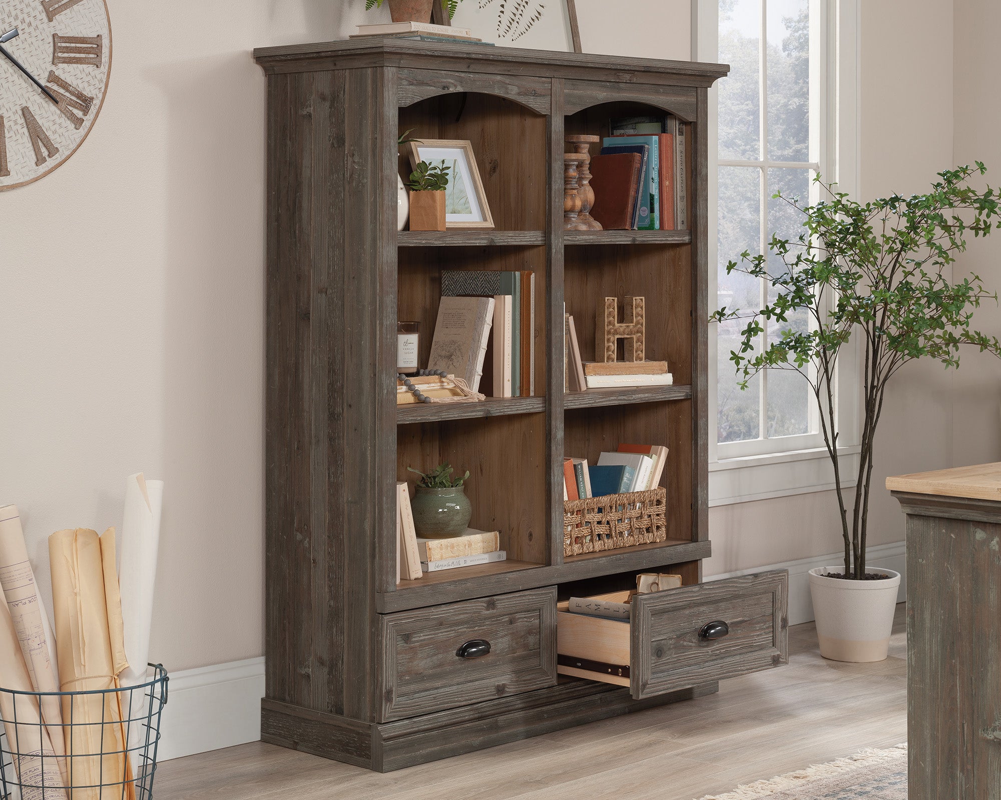 Sonnet Springs  6-Shelf Bookcase with Drawers in Pebble Pine