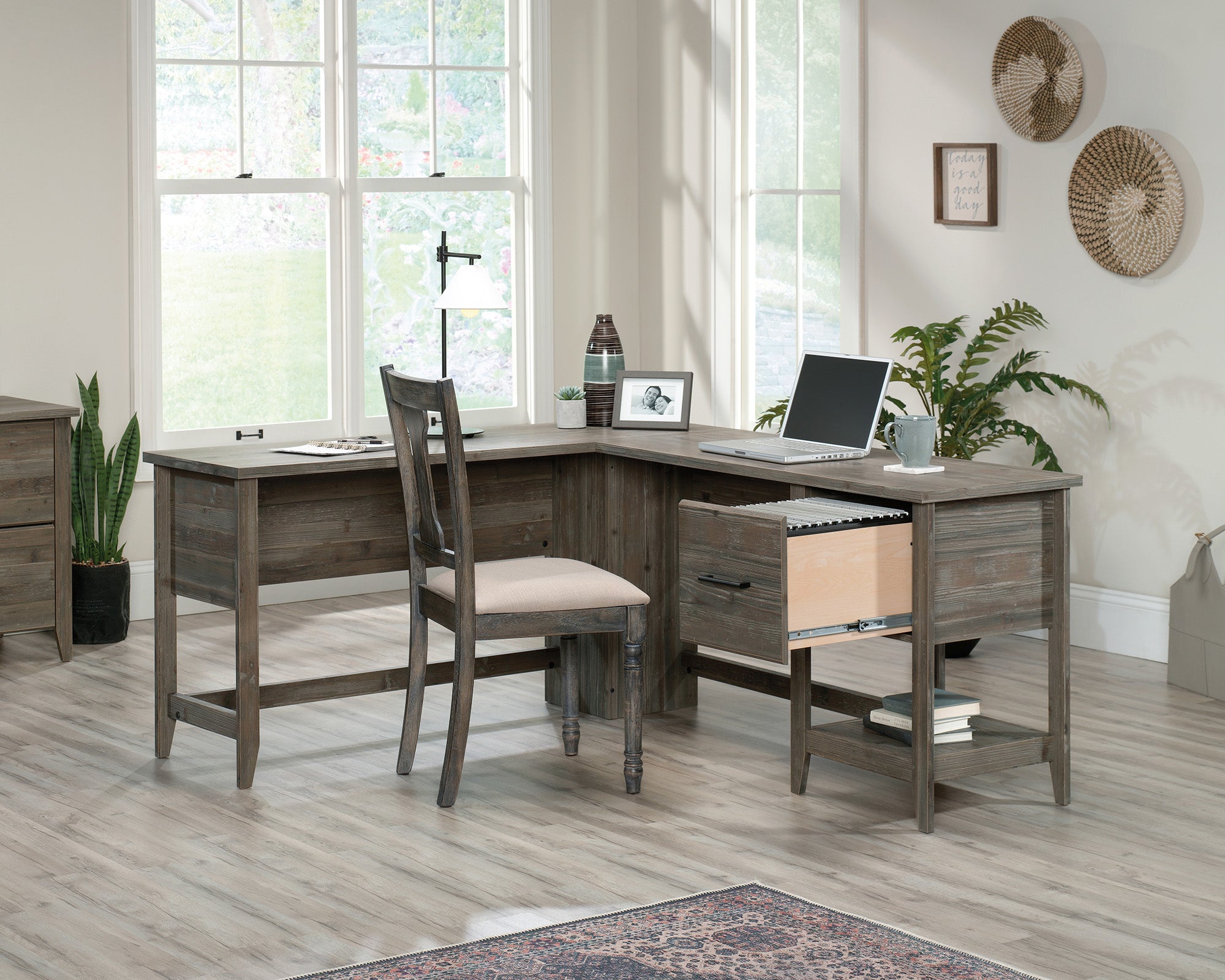 Summit Station  L-Shaped Desk with Storage in Pebble Pine