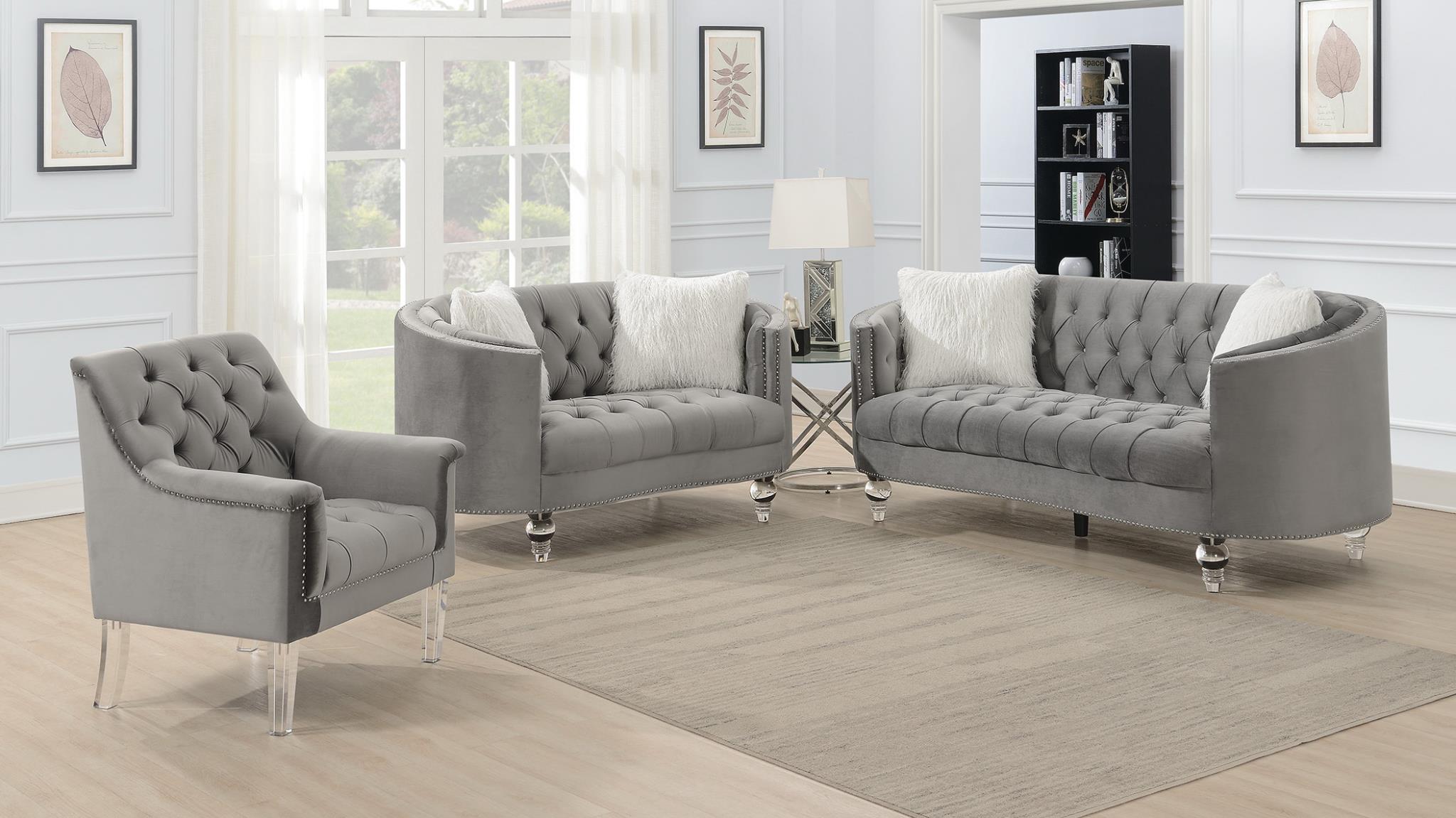 Gray Loveseat W/Two White Fur Pillows & Acrylic Legs