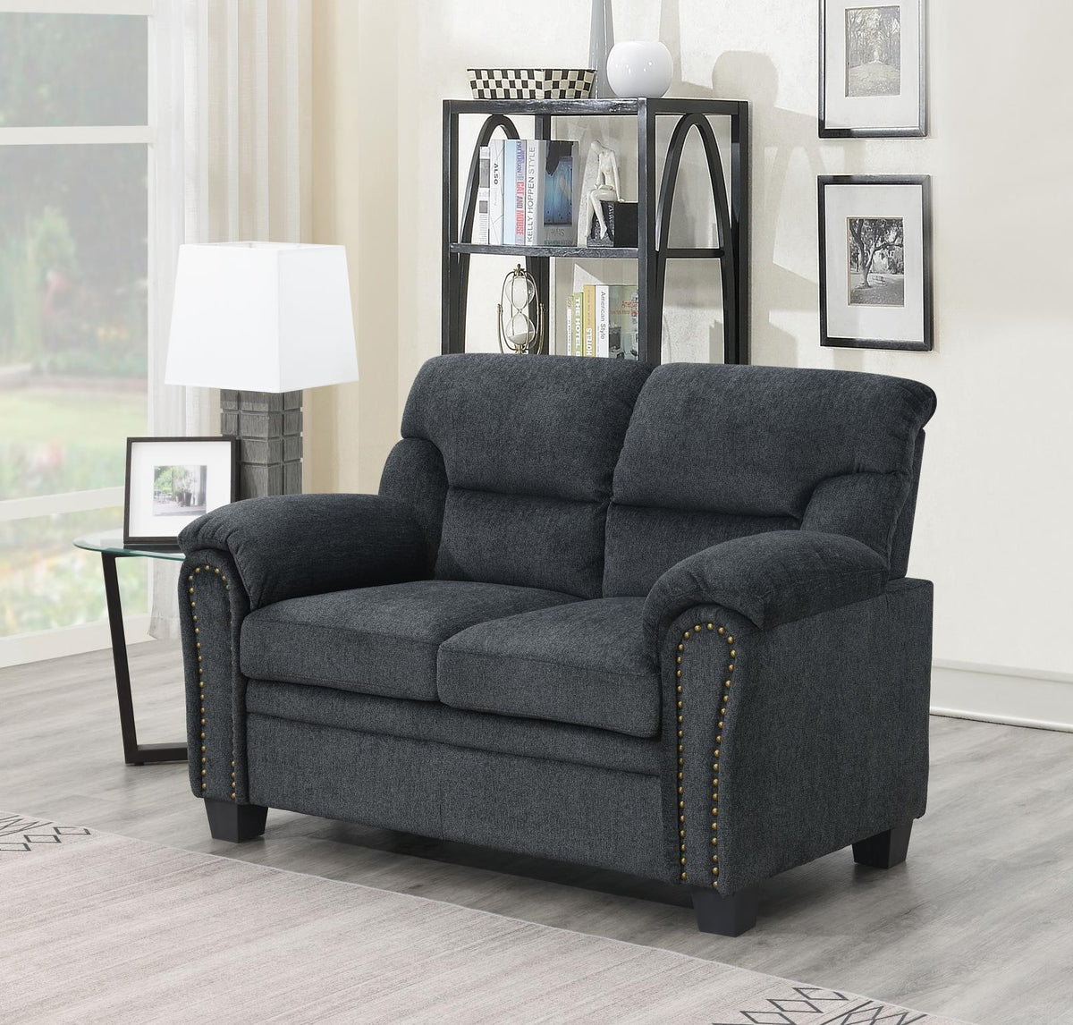 Charcoal Chenille Loveseat W/Nailhead