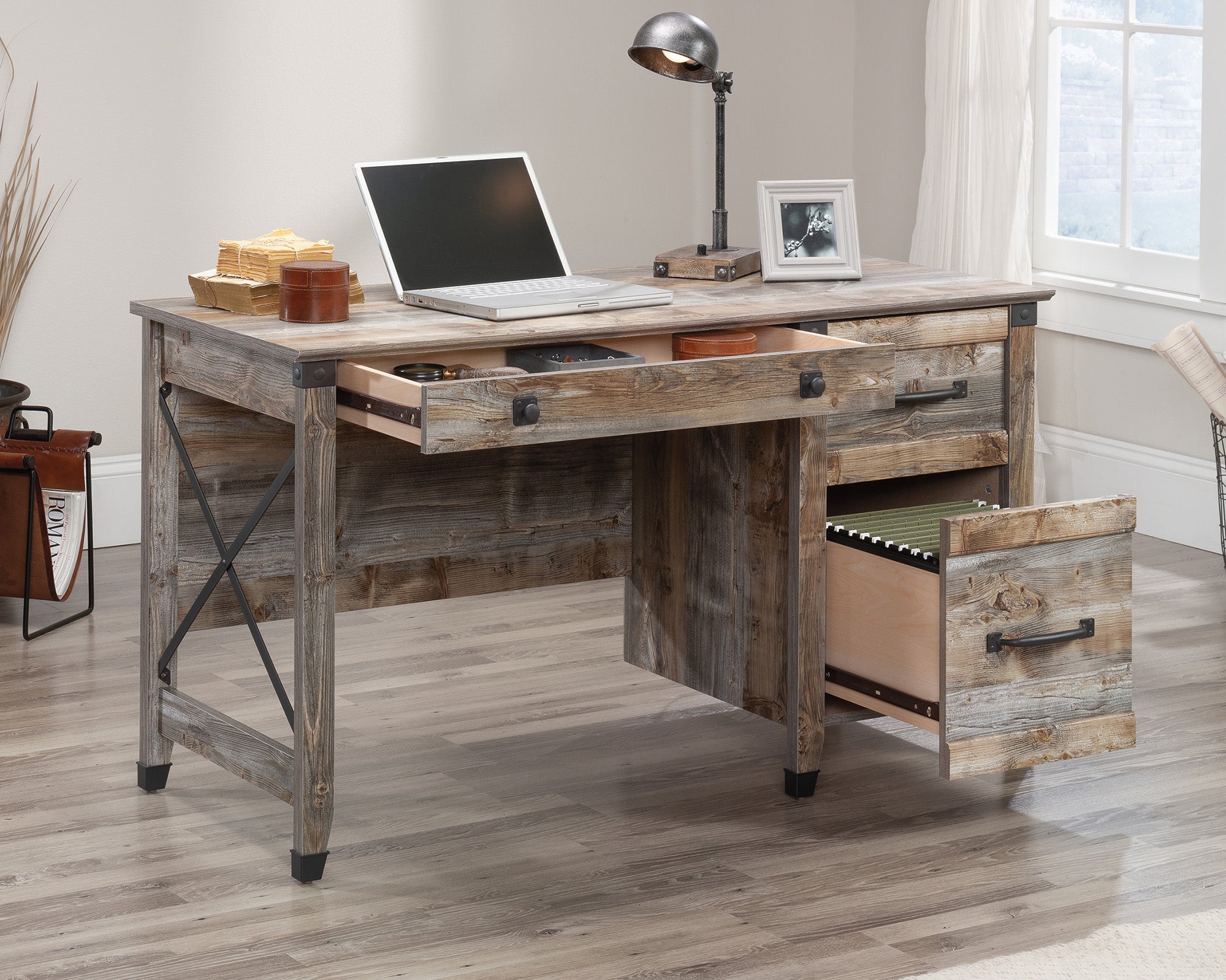 Carson Forge  Single Pedestal Desk with Drawers, Rustic Cedar