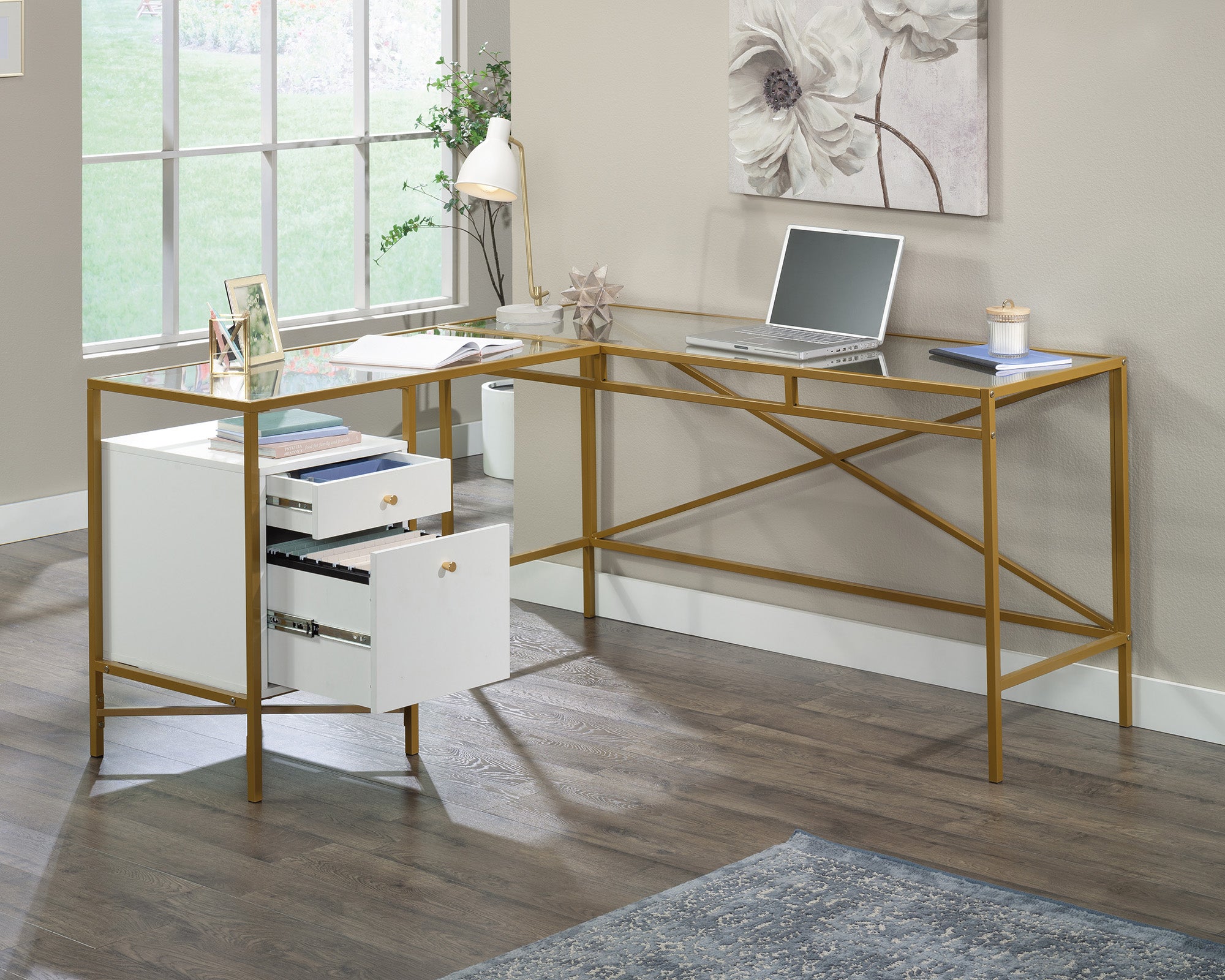 Harper Heights Glass Top L-Shaped Desk in White