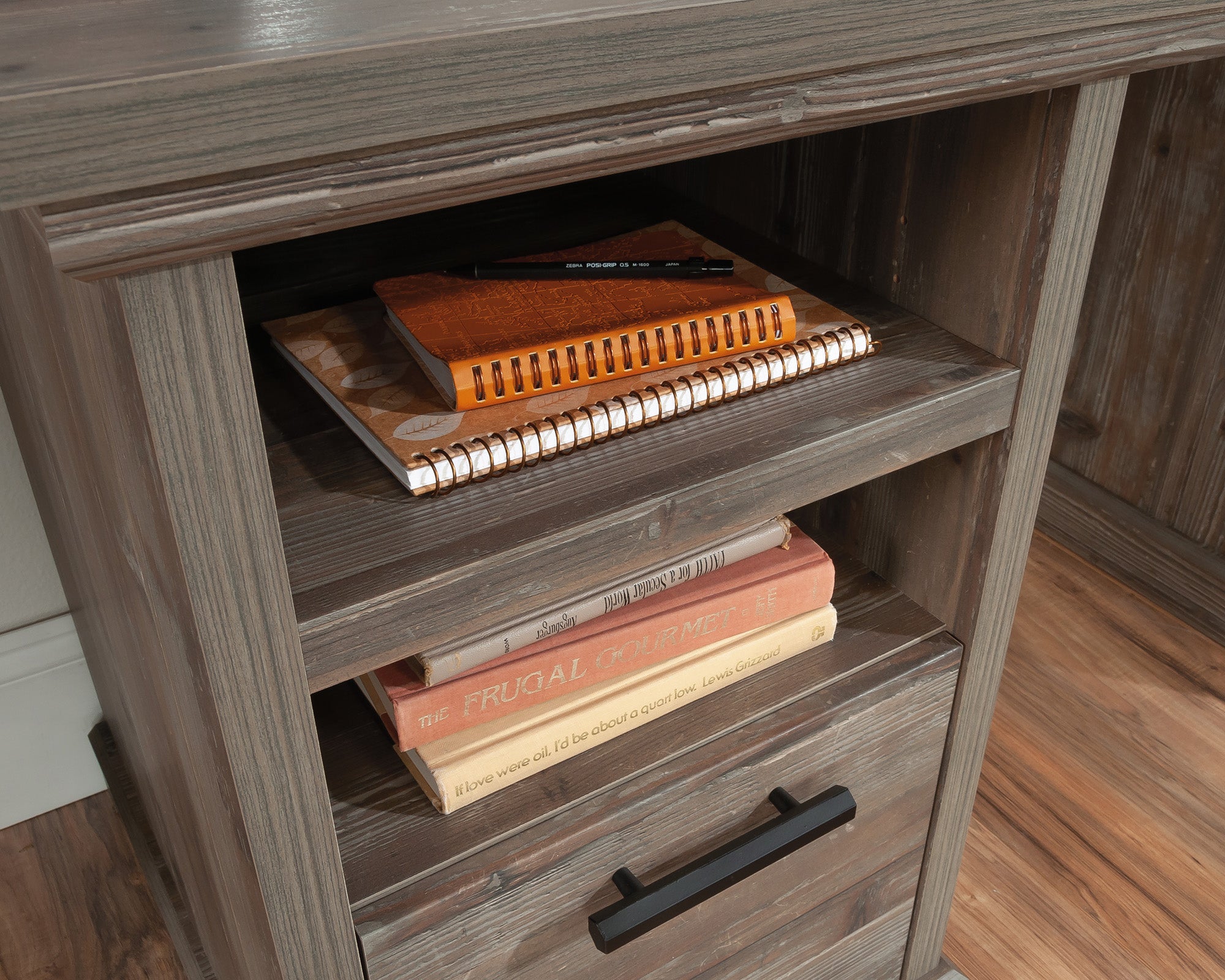 Aspen Post  Double Ped Desk with Drawer in Pebble Pine