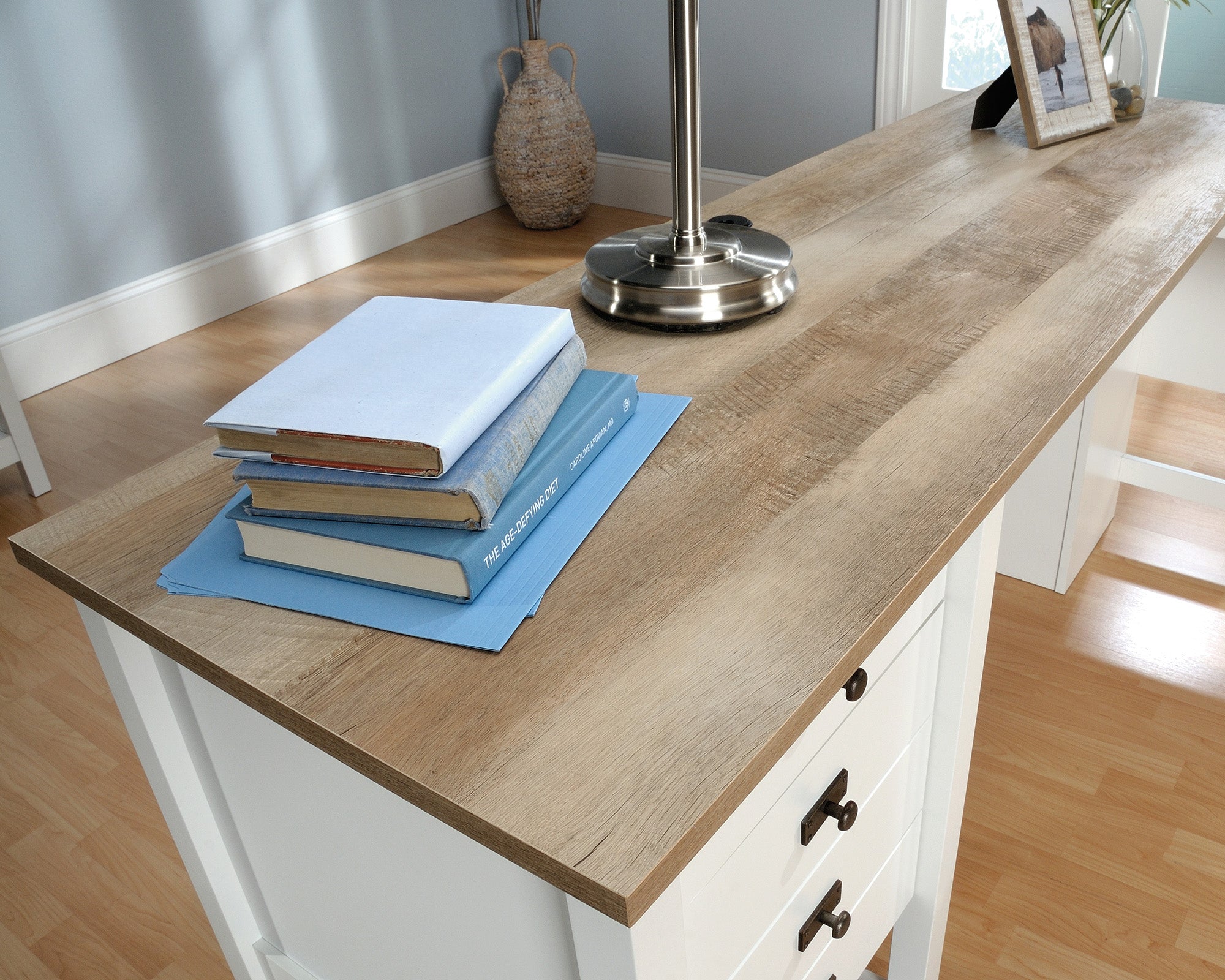 Cottage Road  White L-Shaped Desk with Oak Finished Top