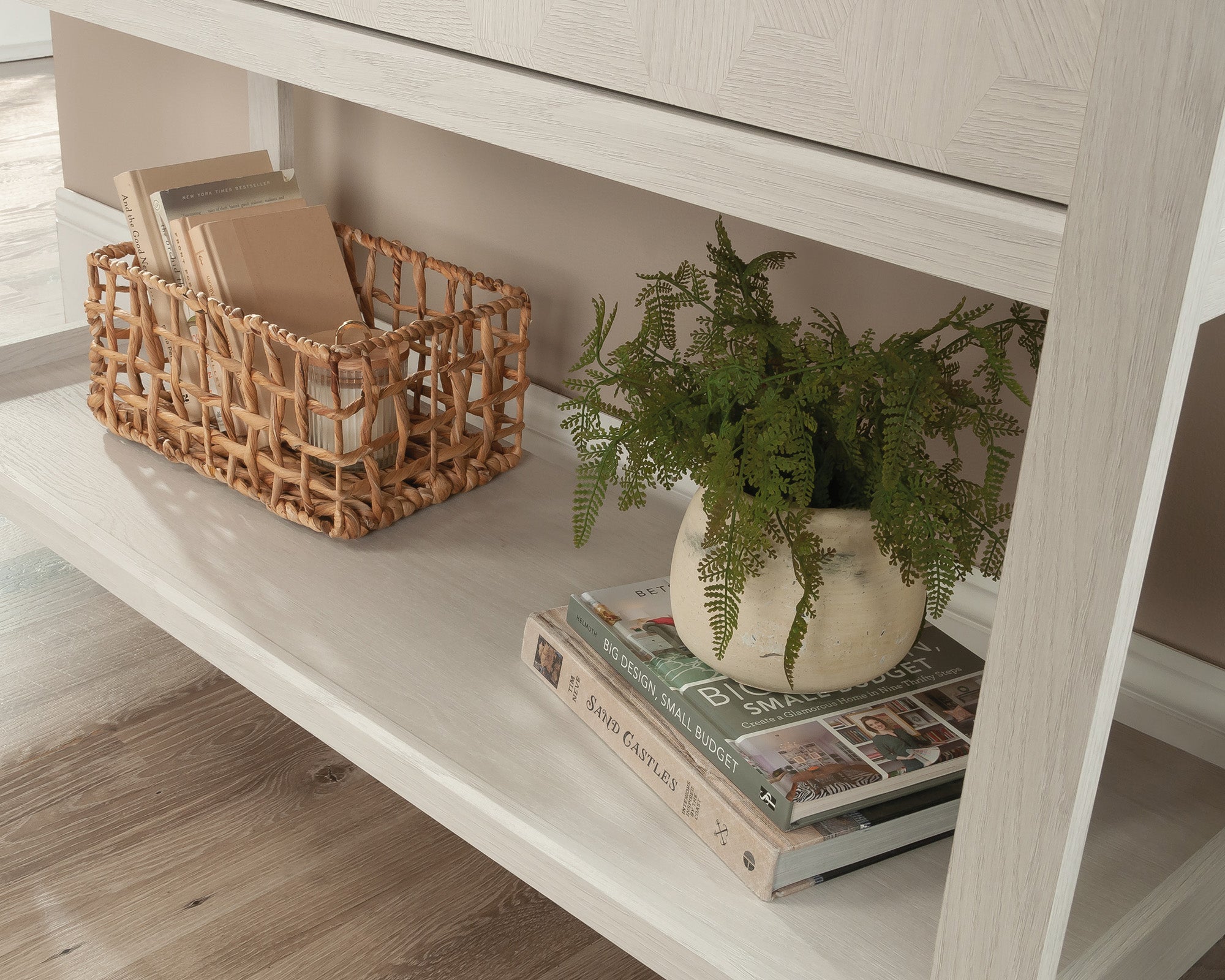 Larkin Ledge Console Table with Storage in Glacier Oak