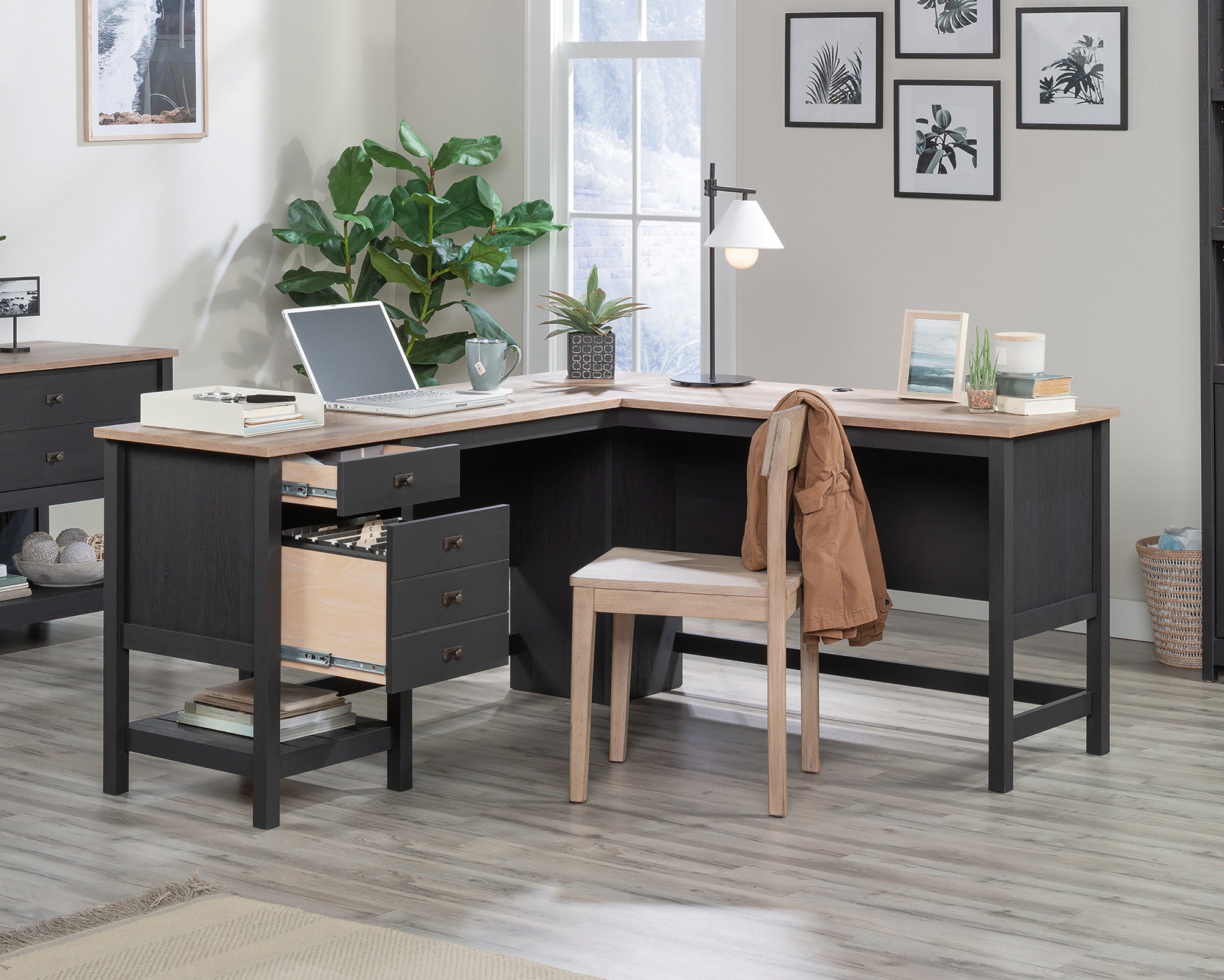 Cottage Road  L-Shaped Desk with Drawers in Raven Oak