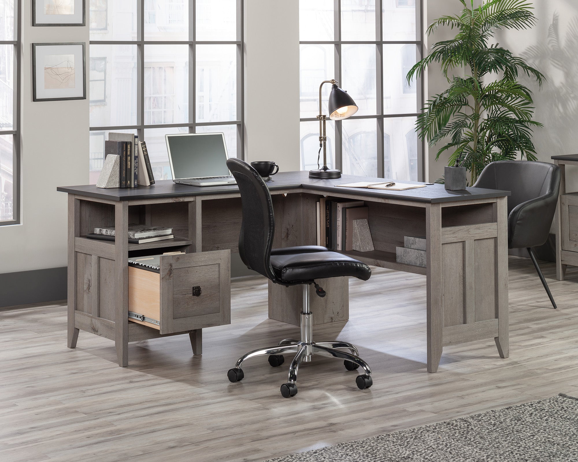 August Hill L-Shaped Home Office Desk in Mystic Oak