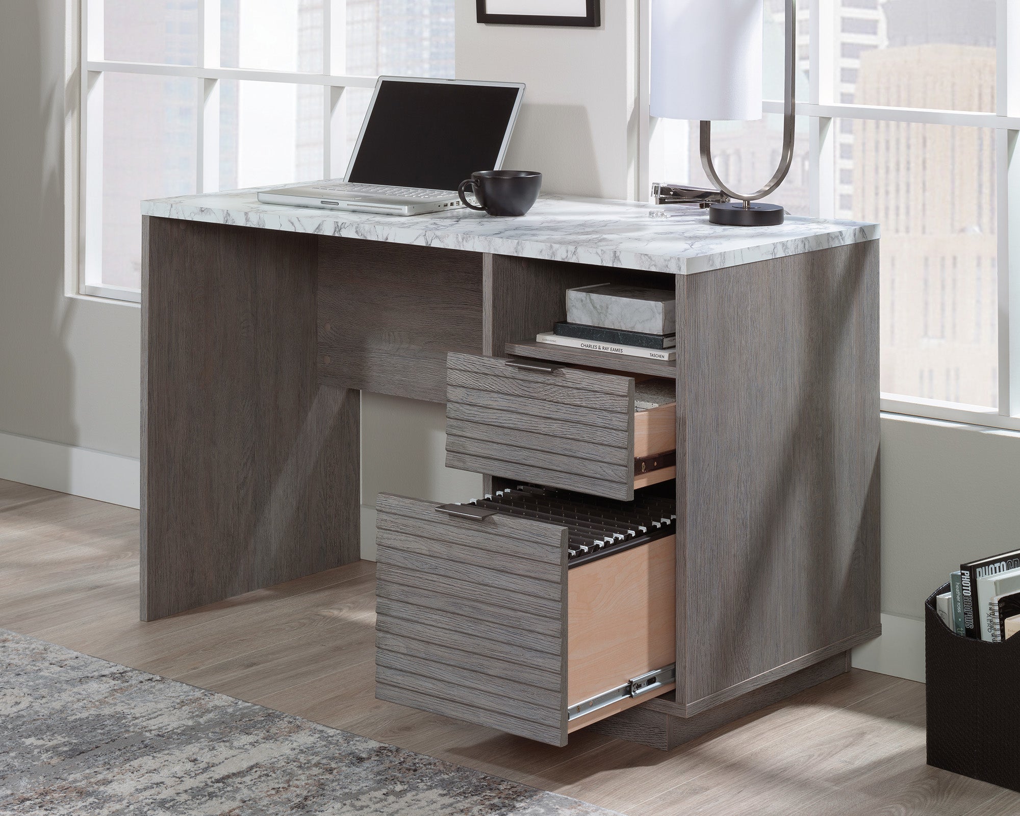 East Rock  Contemporary Single Ped Desk in Ashen Oak