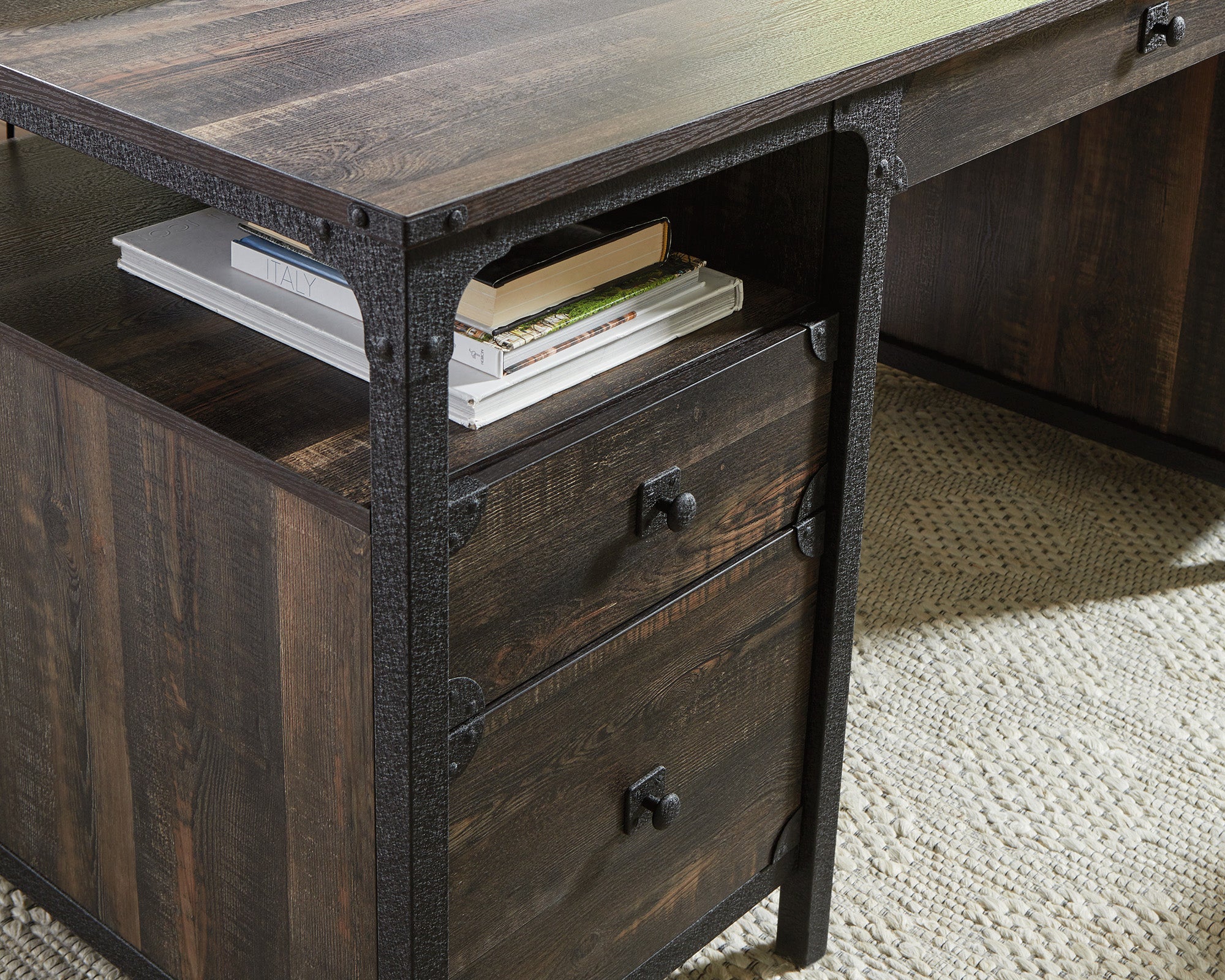 Steel River  Industrial Desk with Drawers in Carbon Oak