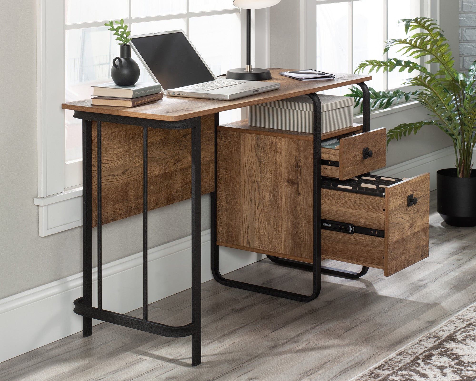 Station House  Single Pedestal Desk in Etched Oak