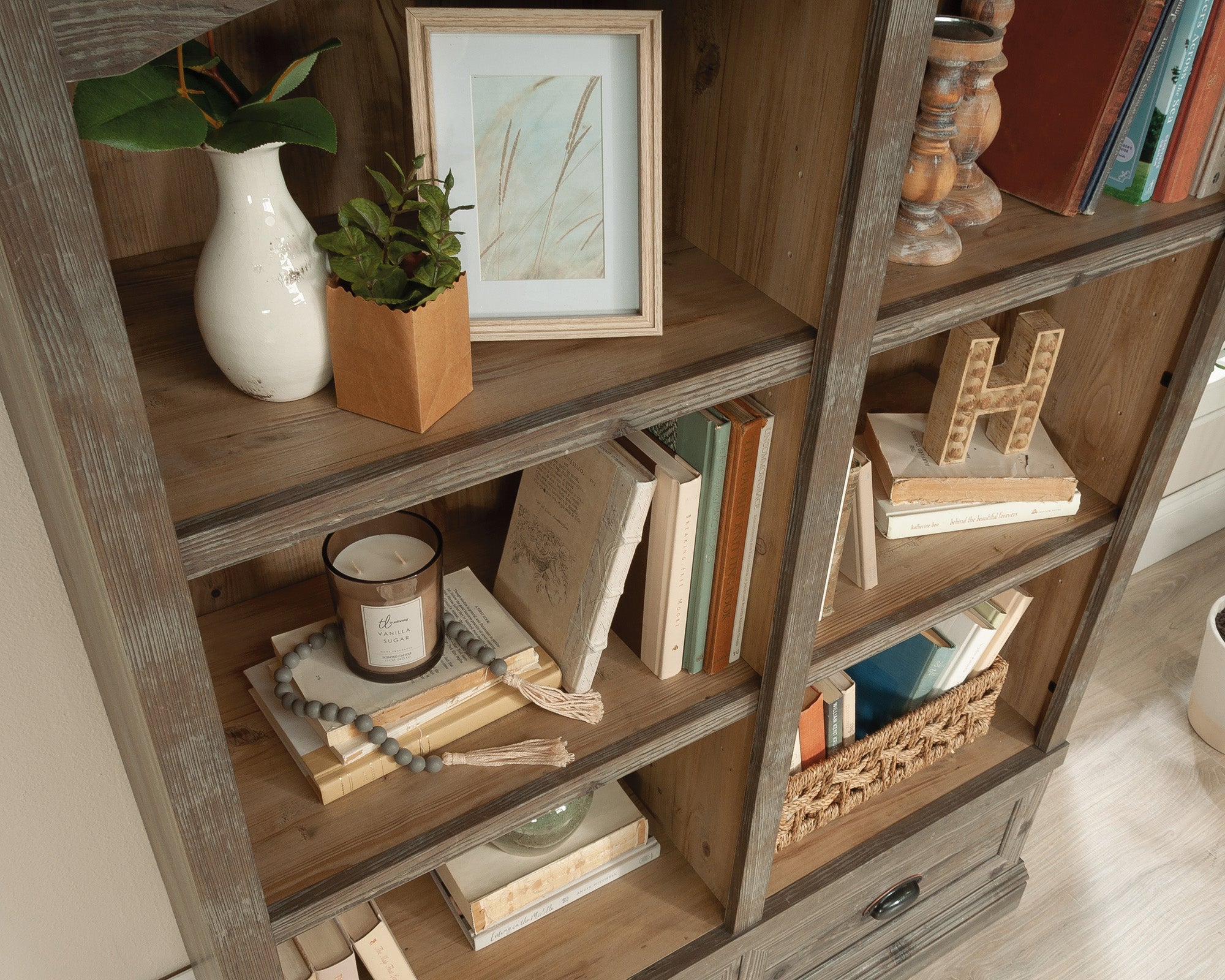 Sonnet Springs  6-Shelf Bookcase with Drawers in Pebble Pine