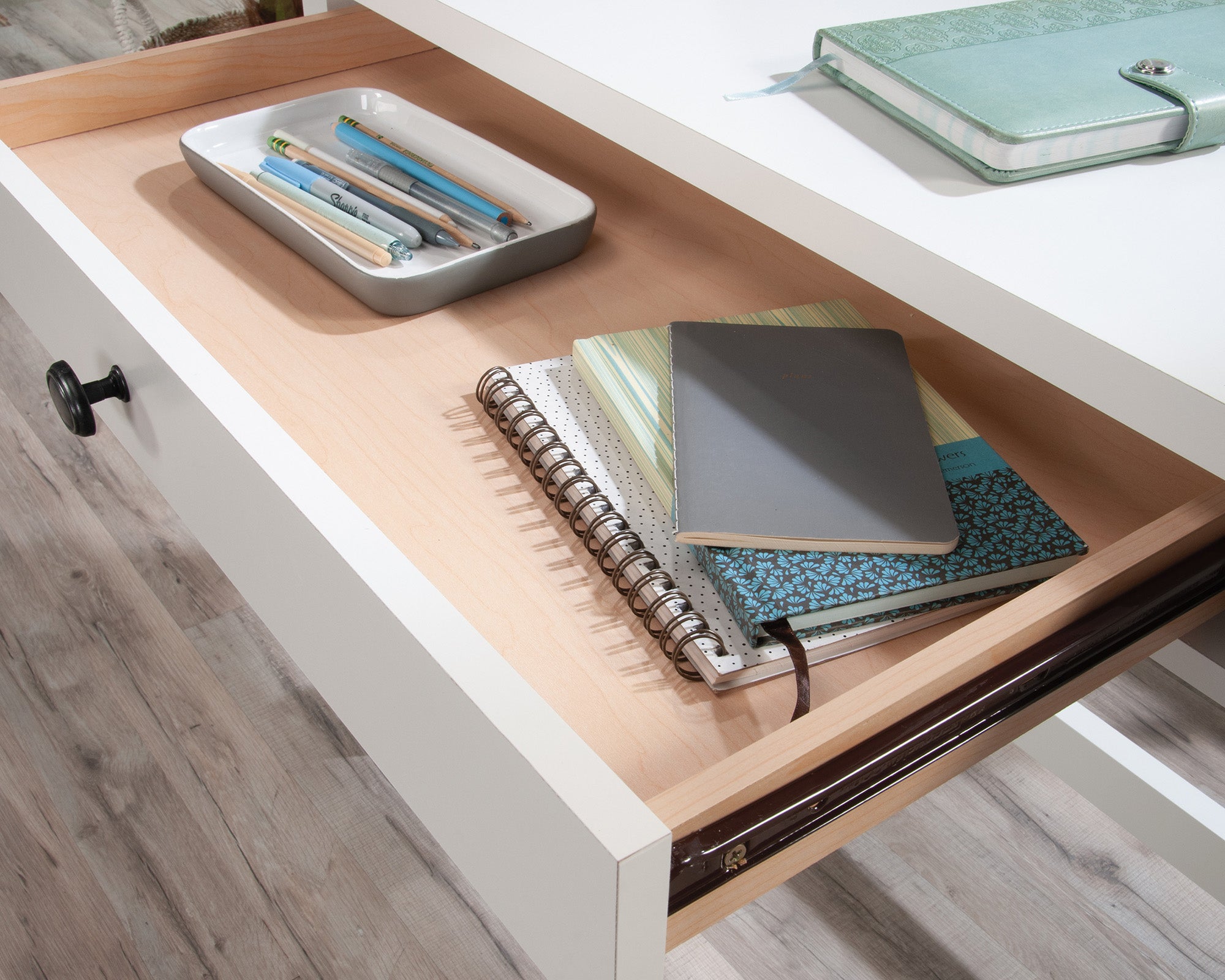 County Line  Rustic Writing Desk with Drawers in Soft White